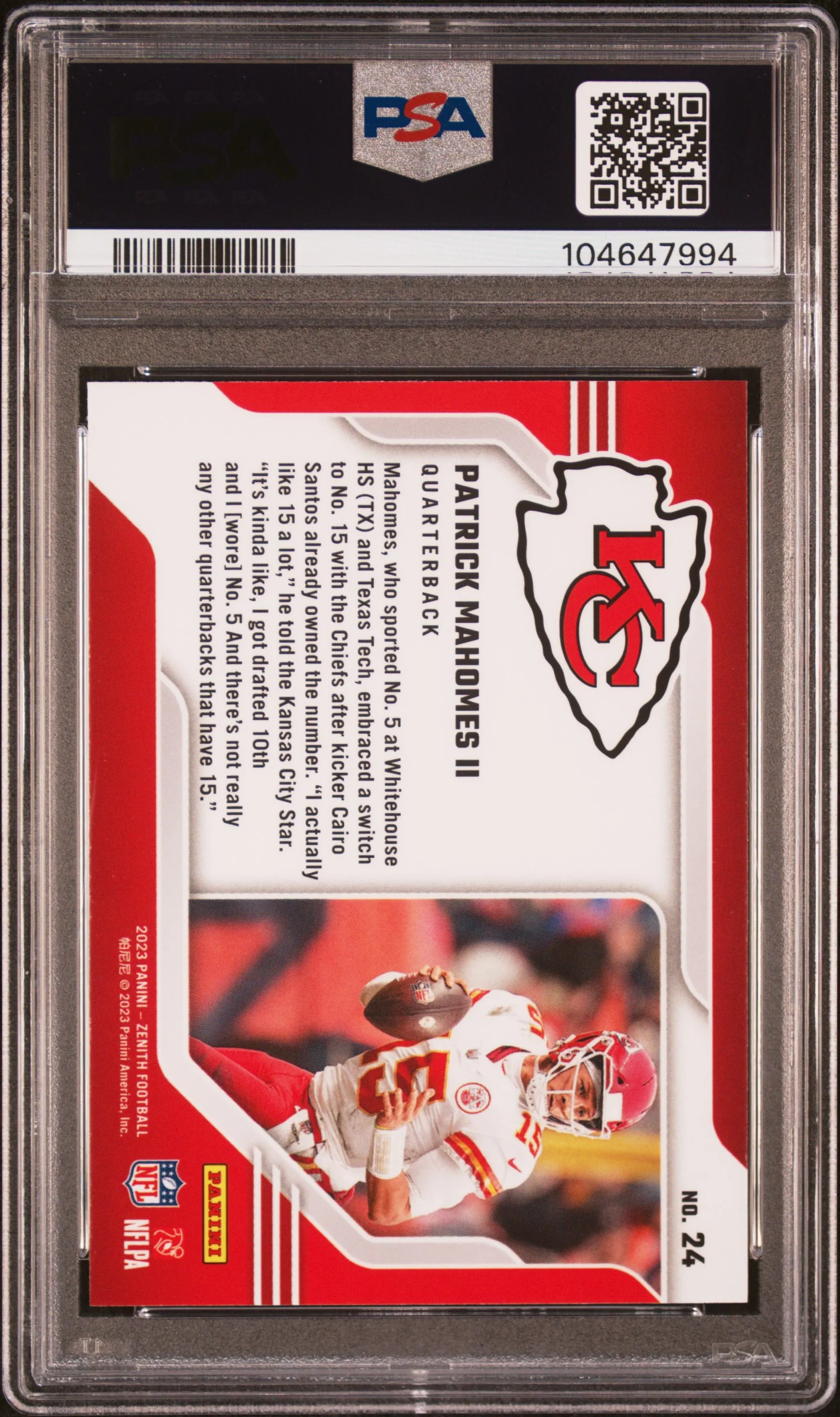Patrick Mahomes II 2023 Panini Zenith Behind The Numbers Red Kansas City Chiefs Football Card #24 Graded PSA 10 Cert #104647994 - Image 2