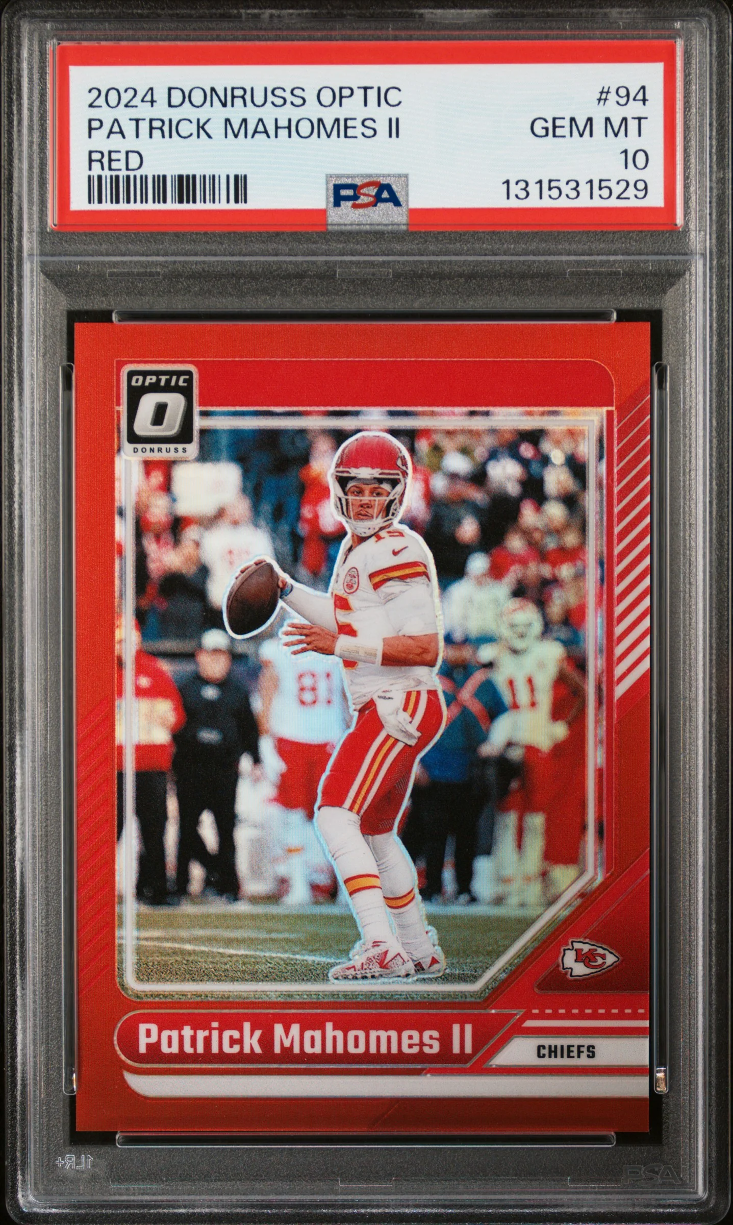 Patrick Mahomes II 2024 Donruss Optic Red Kansas City Chiefs Football Card #94 Serial 24/125 Graded PSA 10 Cert #131531529