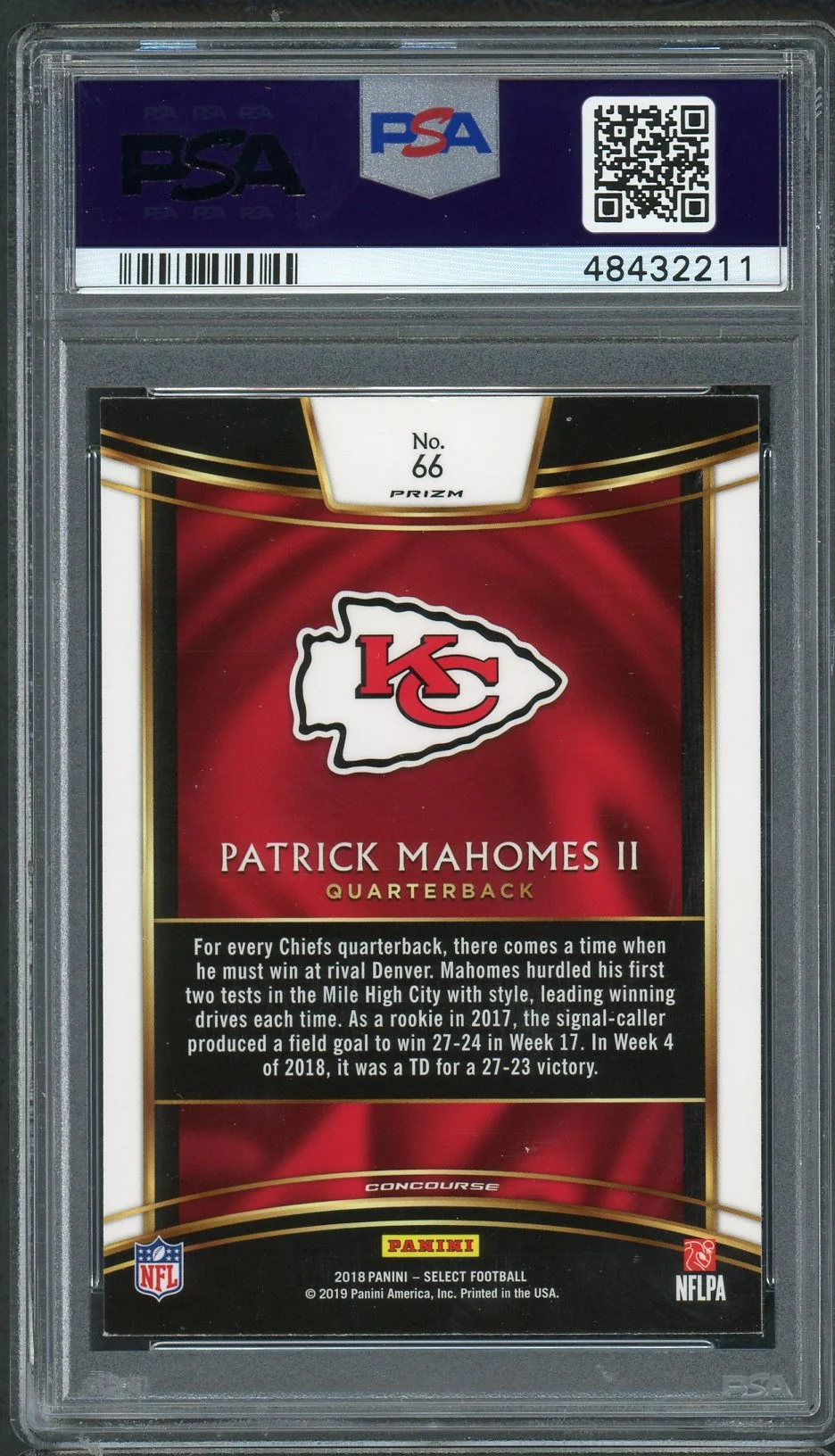 Patrick Mahomes 2018 Panini Select Silver Prizm Football Card #66 Graded PSA 9 MINT - Image 2
