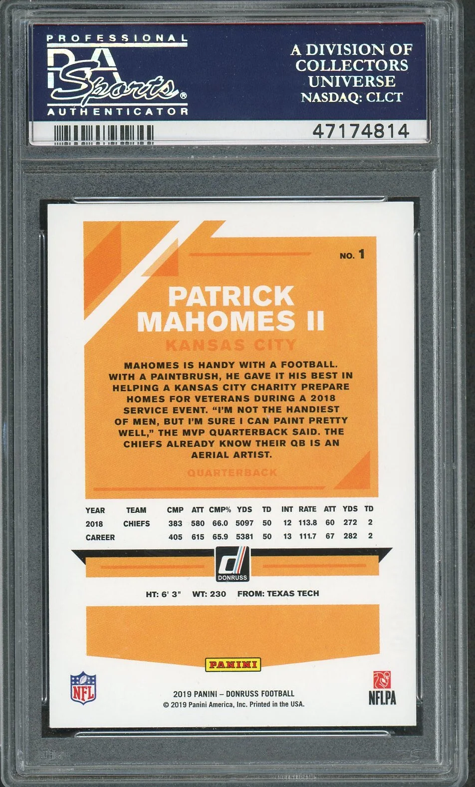 Patrick Mahomes 2019 Panini Donruss Football Card #1 Graded PSA 10 GEM MINT - Image 2