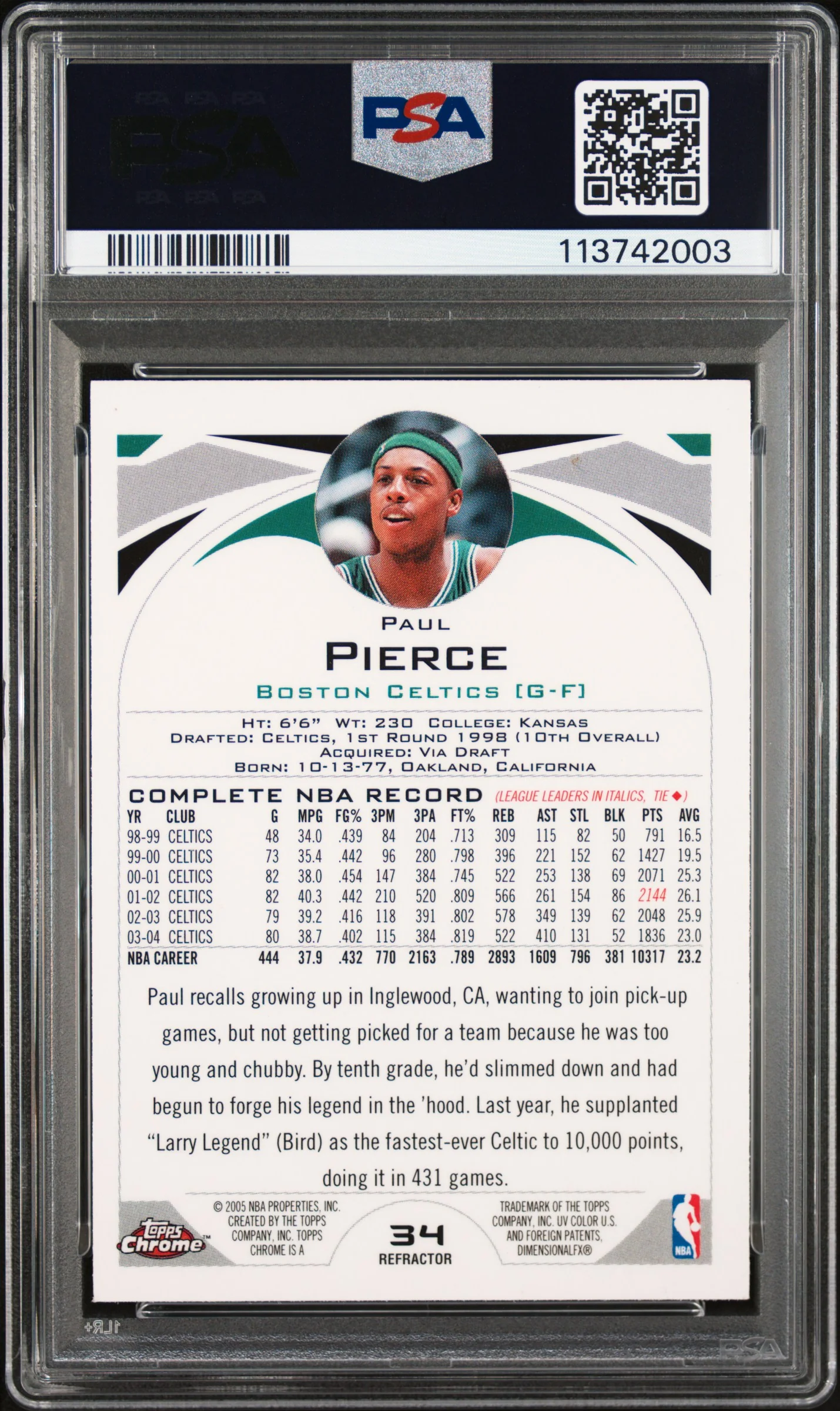 Paul Pierce 2004 Topps Chrome Refractor Card #34 PSA Auto 9 - Image 2