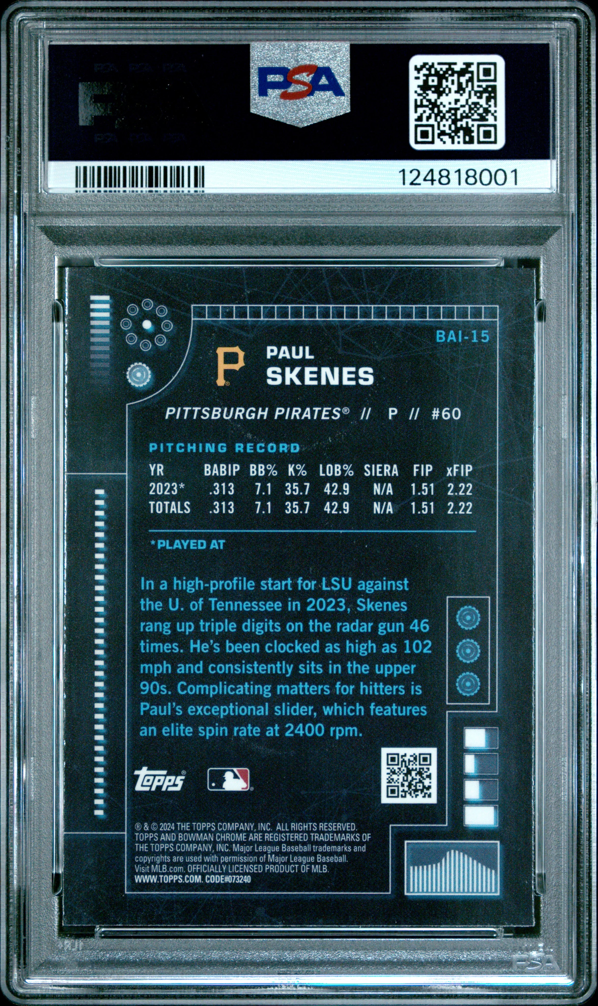 Paul Skenes 2024 Bowman AI Pittsburgh Pirates Baseball RC Rookie Card #BAI15 Graded PSA 10 Cert #124818001 - Image 2