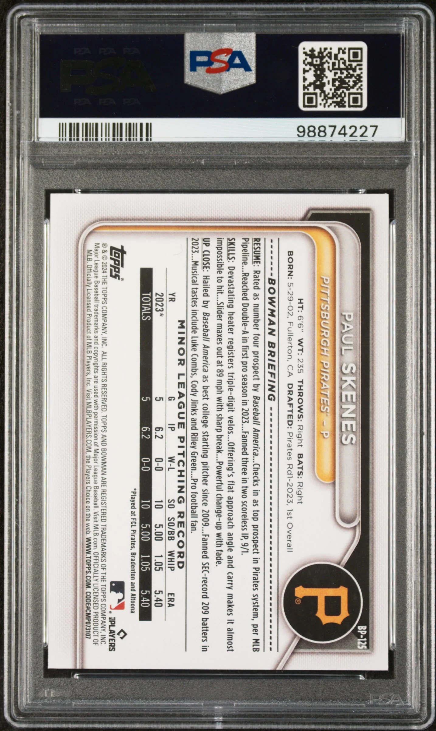 Paul Skenes 2024 Bowman Paper Prospects Baseball Rookie Card #BP125 PSA 10 - Image 2