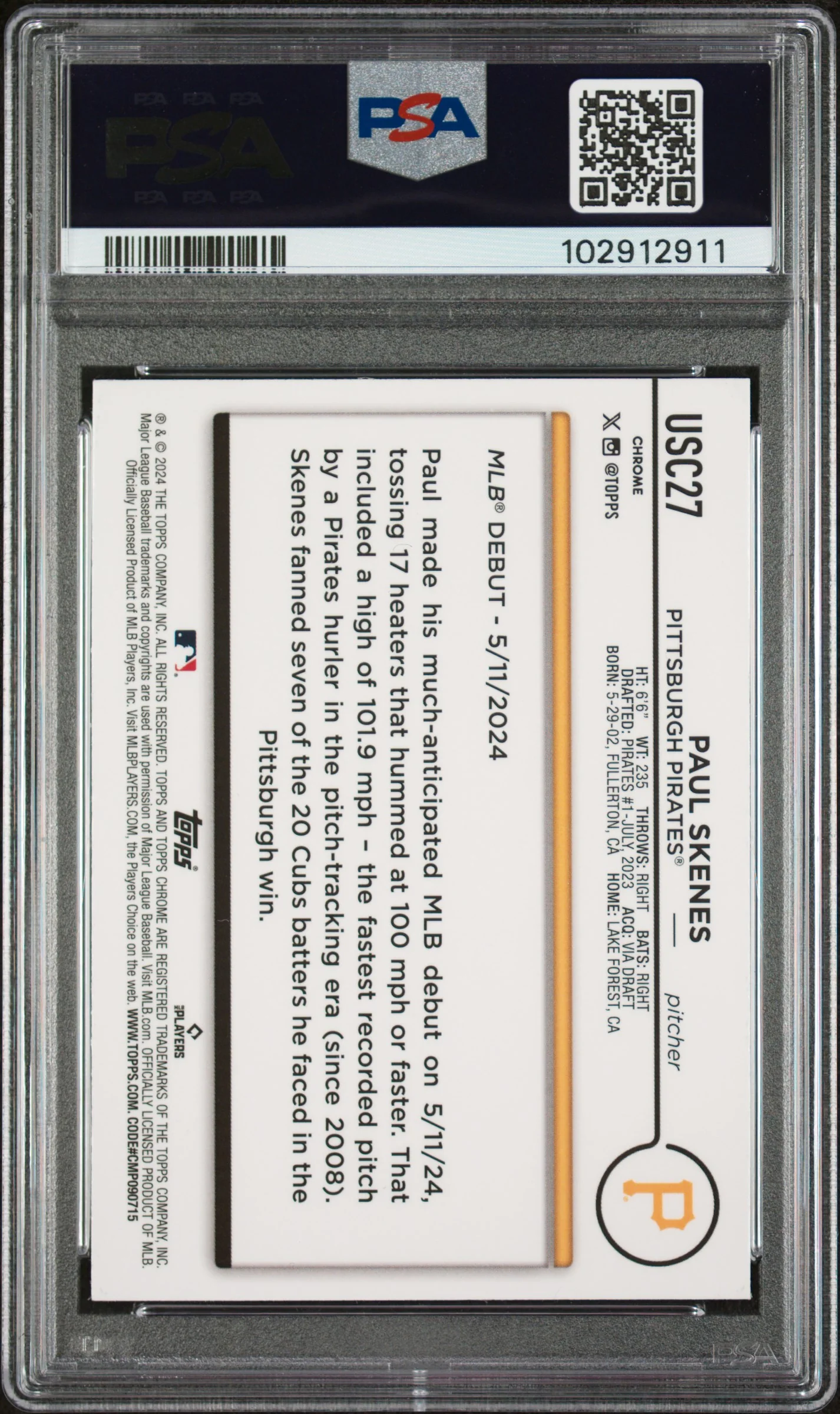 Paul Skenes 2024 Topps Chrome Update Baseball Rookie Card #USC27 Graded PSA 10 - Image 2