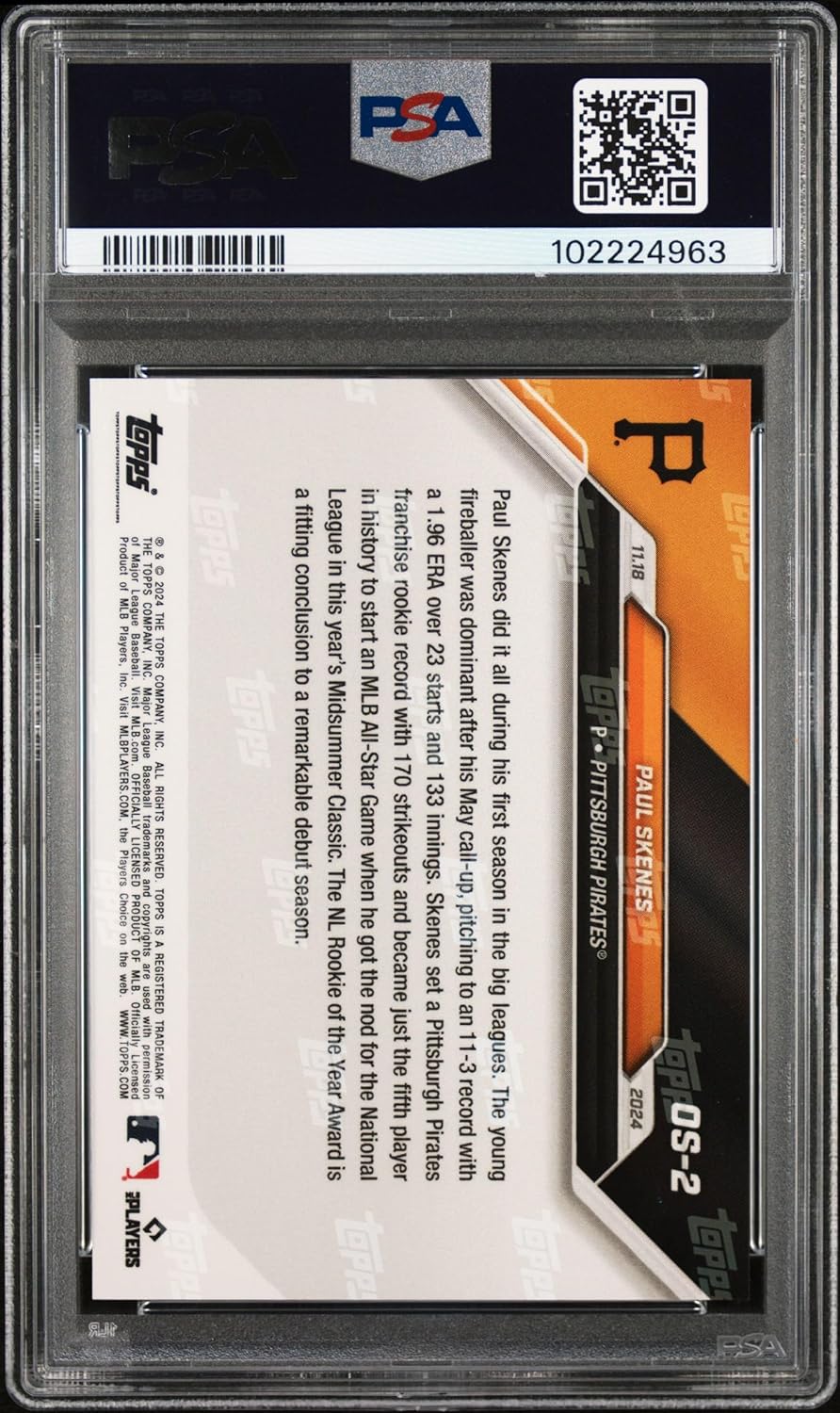 Paul Skenes 2024 Topps Now Rookie of the Year Baseball Rookie Card #OS2 Graded PSA 10 - Image 2