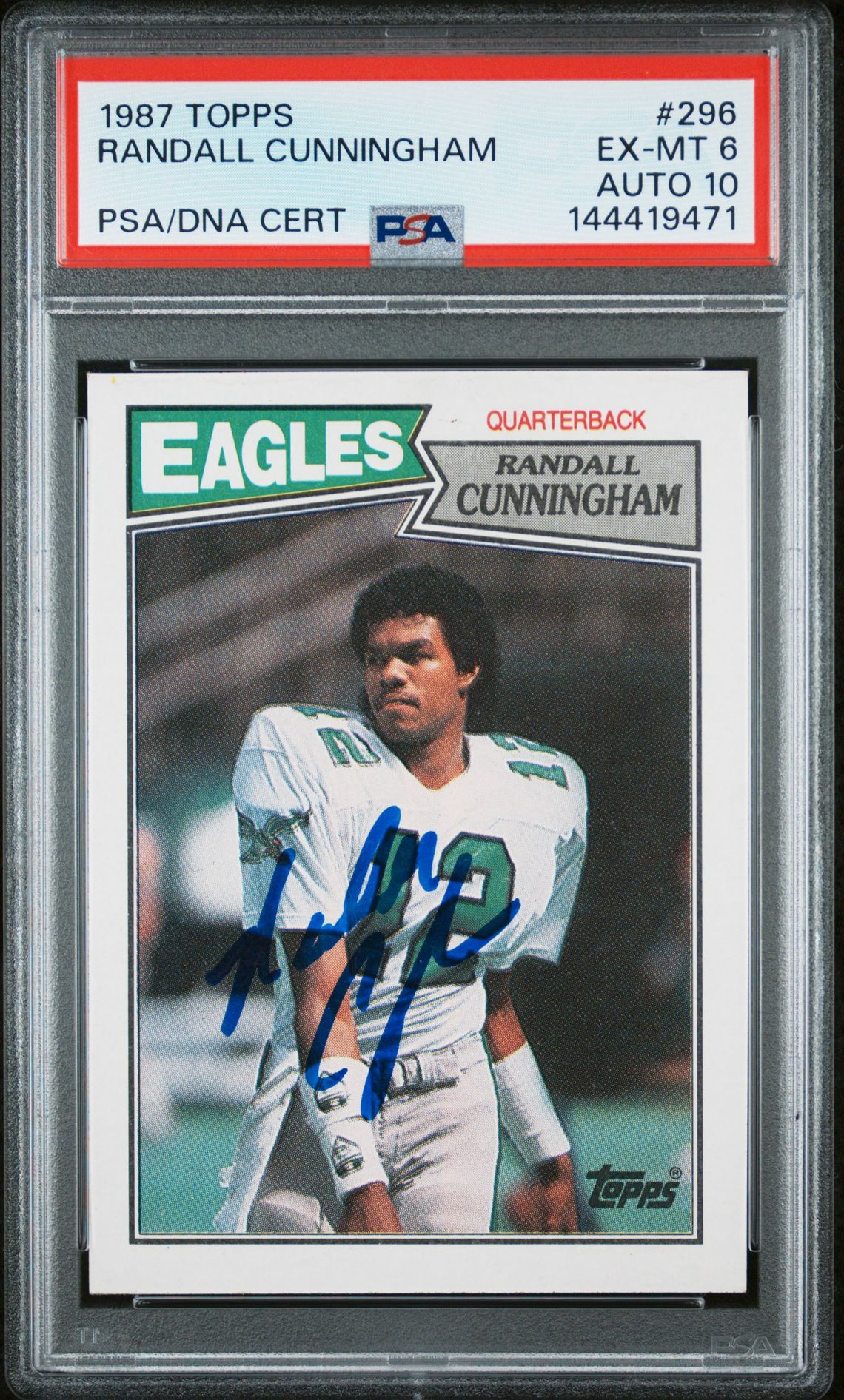 Randall Cunningham 1987 Topps Philadelphia Eagles Signed Football RC Rookie Card #296 Graded PSA 6 Auto 10 Cert #144419471