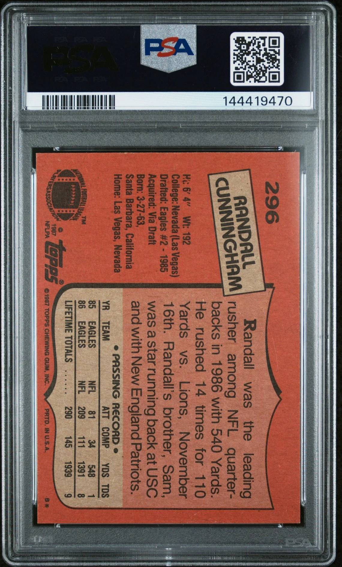 Randall Cunningham 1987 Topps Philadelphia Eagles Signed Football RC Rookie Card #296 Graded PSA 8 Auto 10 Cert #144419470 - Image 2