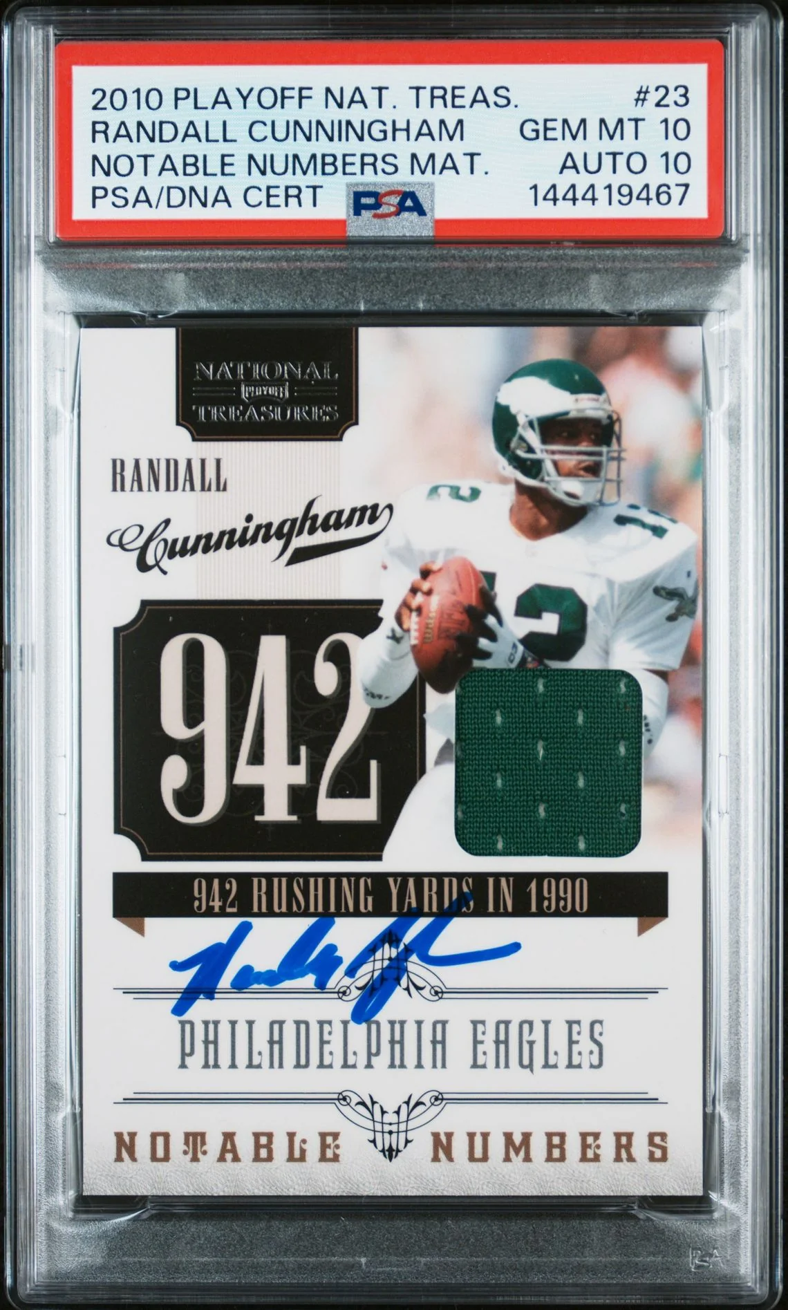 Randall Cunningham 2010 Playoff National Treasures Notable Numbers Materials Philadelphia Eagles Signed Football Jersey Game Worn Card #23 Graded PSA 10 Auto 10 Serial 45/99 Cert #144419467