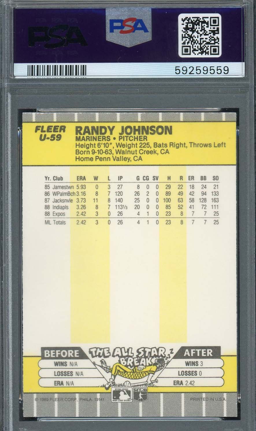 Randy Johnson 1989 Fleer Update Baseball Rookie Card RC #U-59 Graded PSA 8 - Image 2