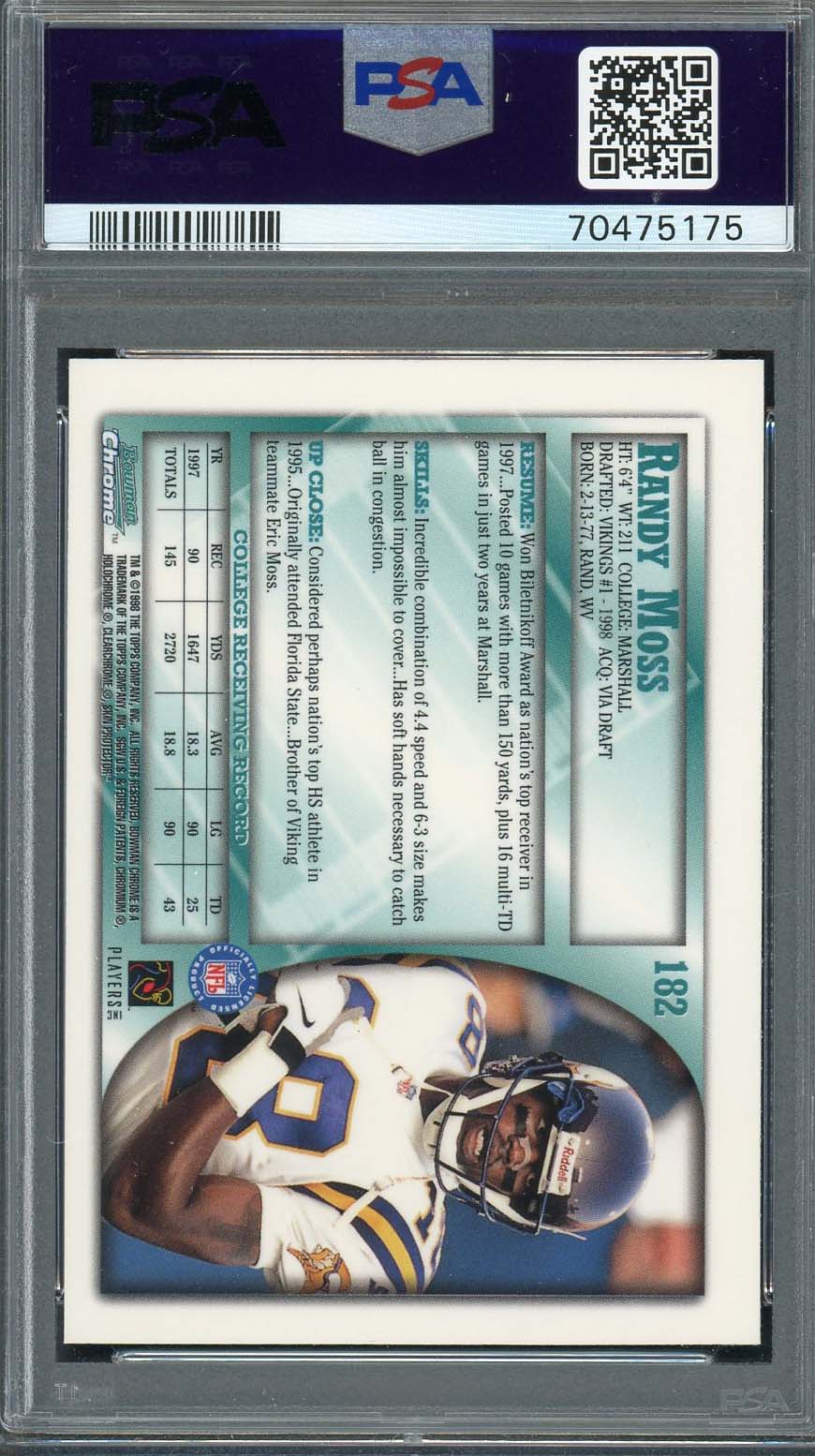 Randy Moss 1998 Bowman Chrome Football Rookie Card RC #182 Graded PSA 9 - Image 2