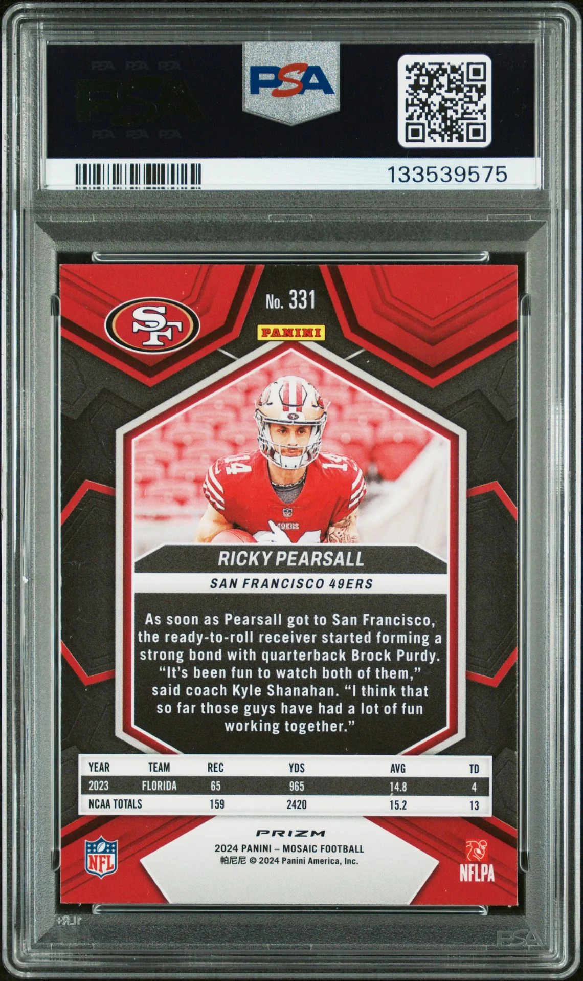 Ricky Pearsall 2024 Panini Mosaic Red Signed Football Rookie Card #331 Graded PSA 9 Auto Auth Cert #133539575 - Image 2