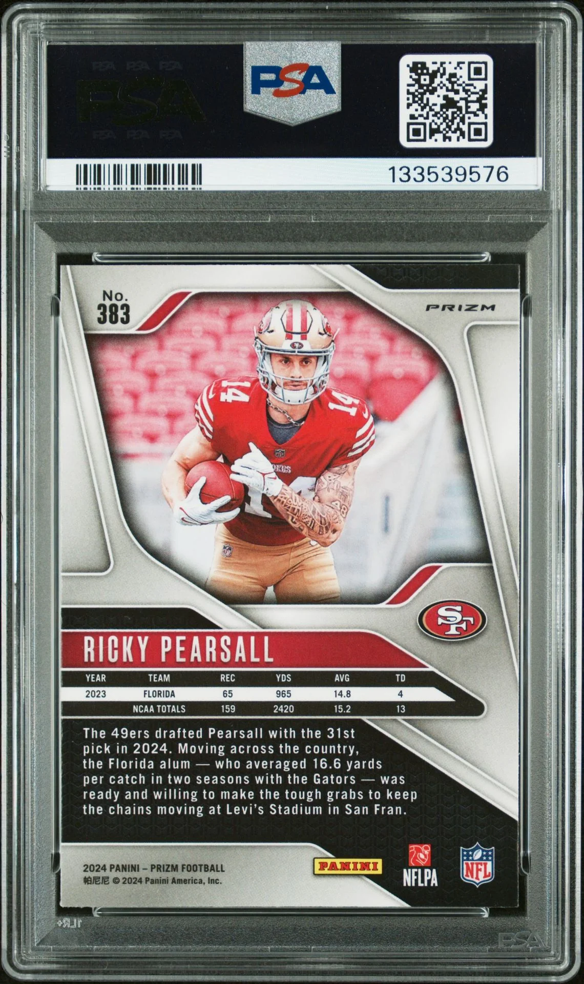 Ricky Pearsall 2024 Panini Prizm Red Signed Football Rookie Card #383 Graded PSA 8 Auto Auth Cert #133539576 - Image 2