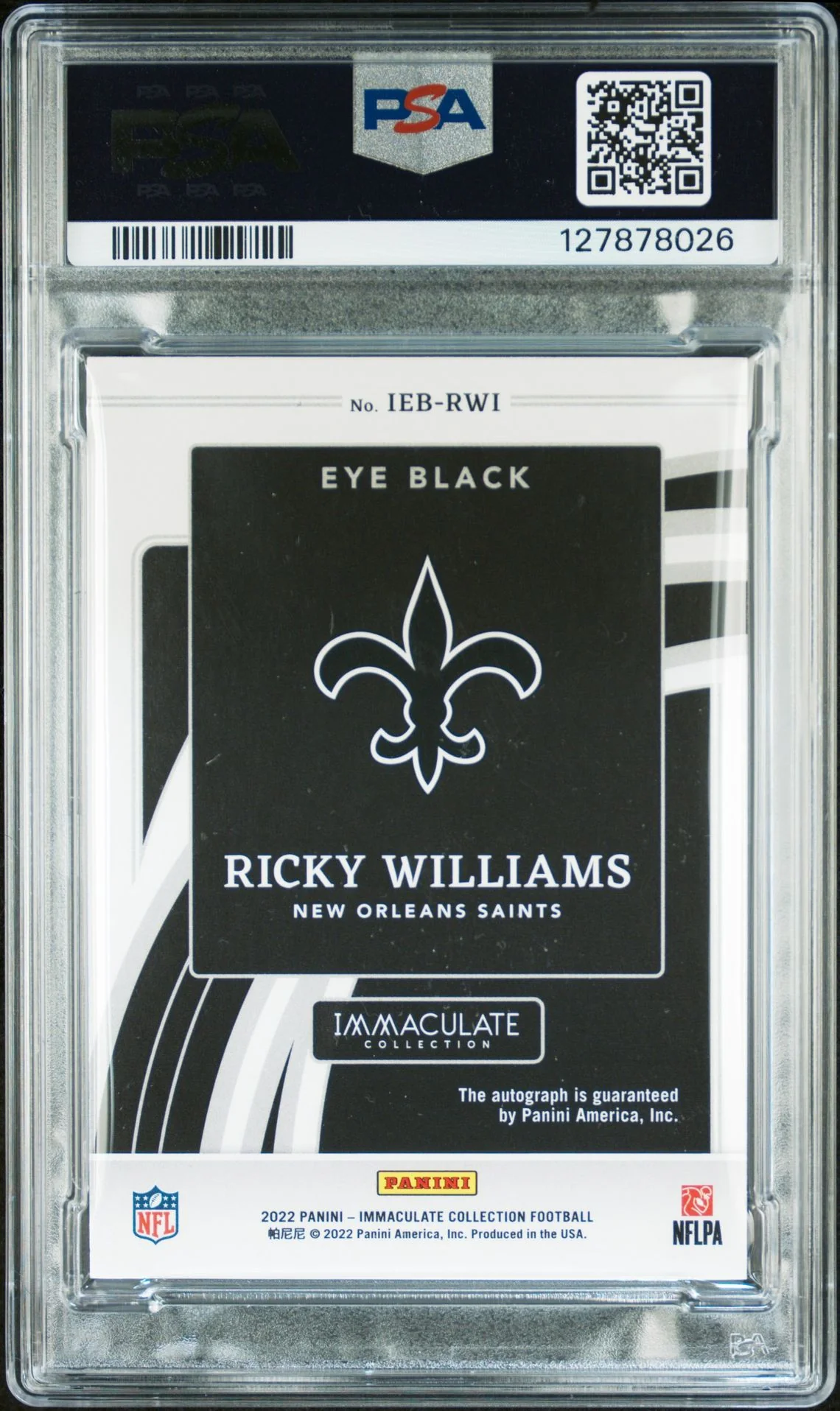 Ricky Williams 2022 Immaculate Eye Black Signed Football Card #IBERWI Graded PSA 7 Auto 9 20/49 Cert #127878026 - Image 2