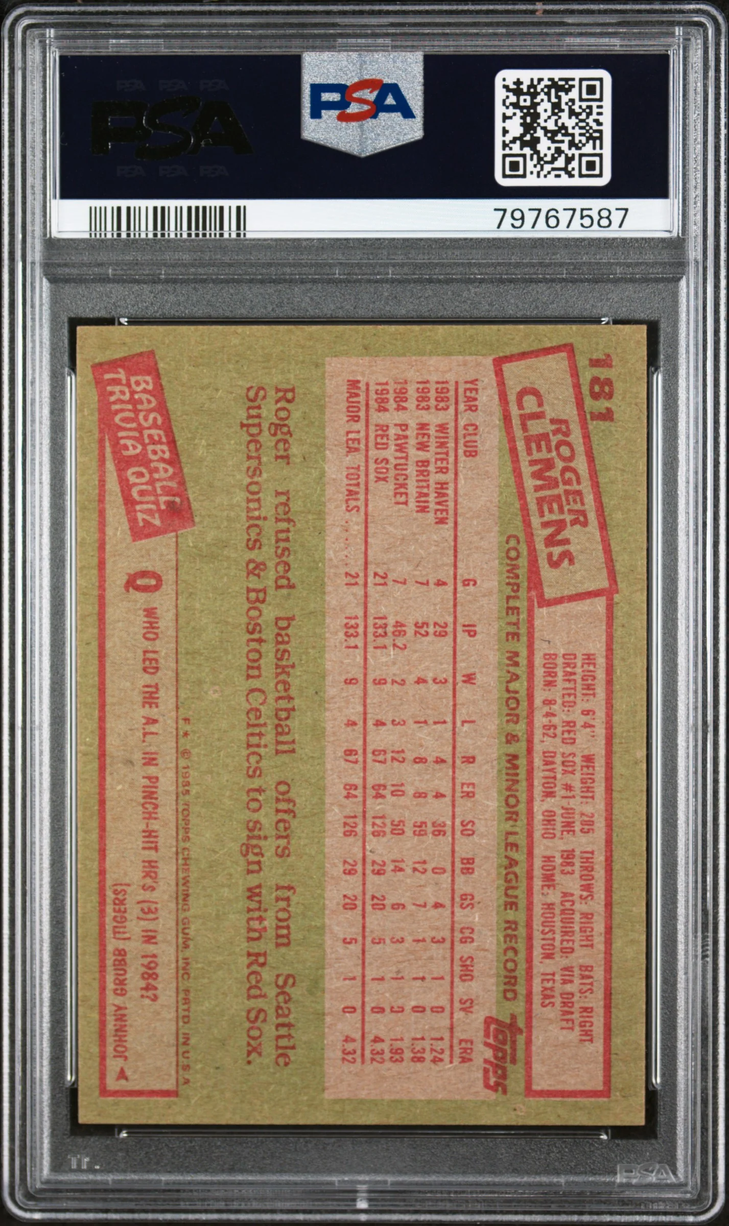 Roger Clemens 1985 Topps Baseball Rookie Card #181 Graded PSA 8 - Image 2