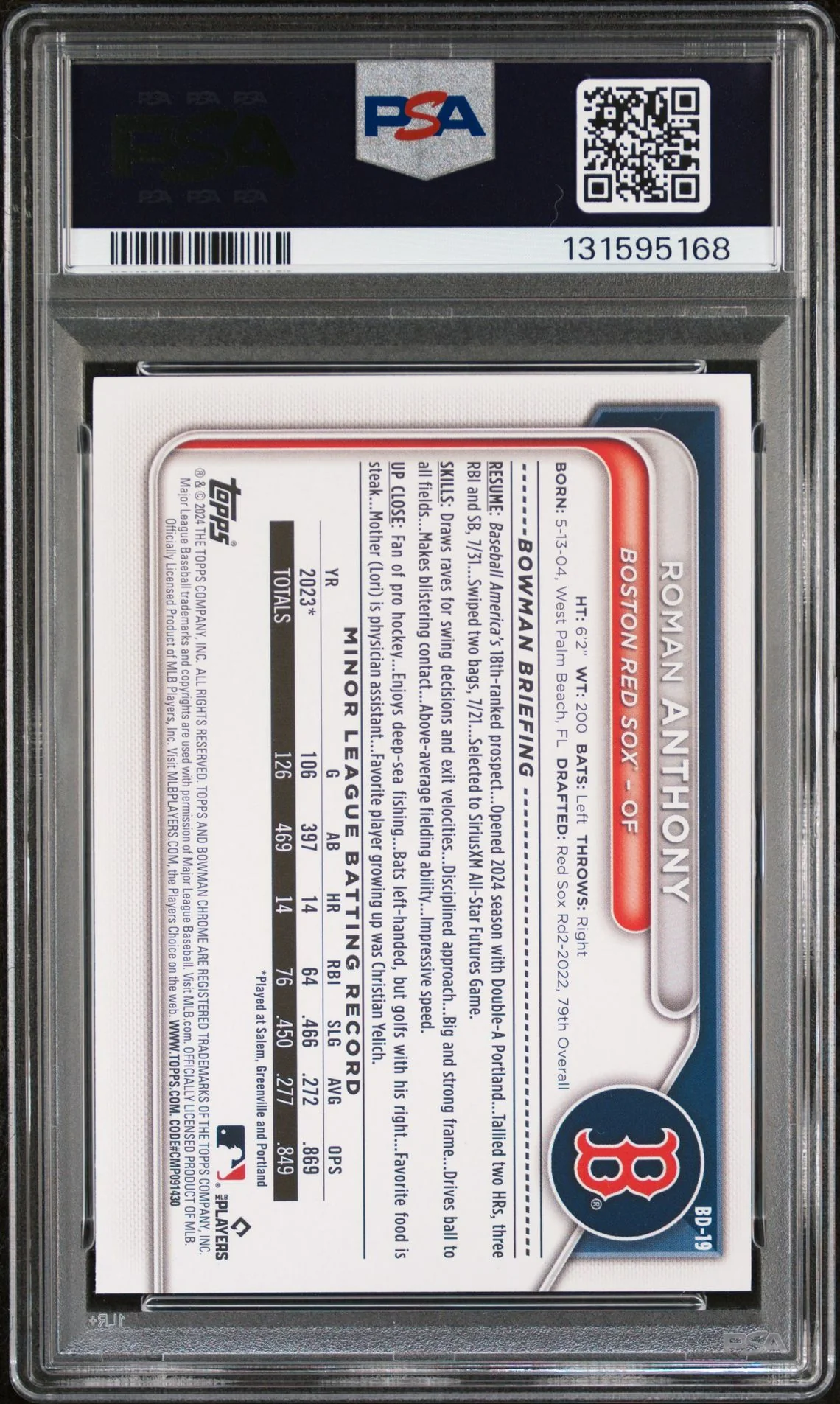 Roman Anthony 2024 Bowman Draft Baseball Rookie Card #BD19 Graded PSA 10 Cert #131595168 - Image 2
