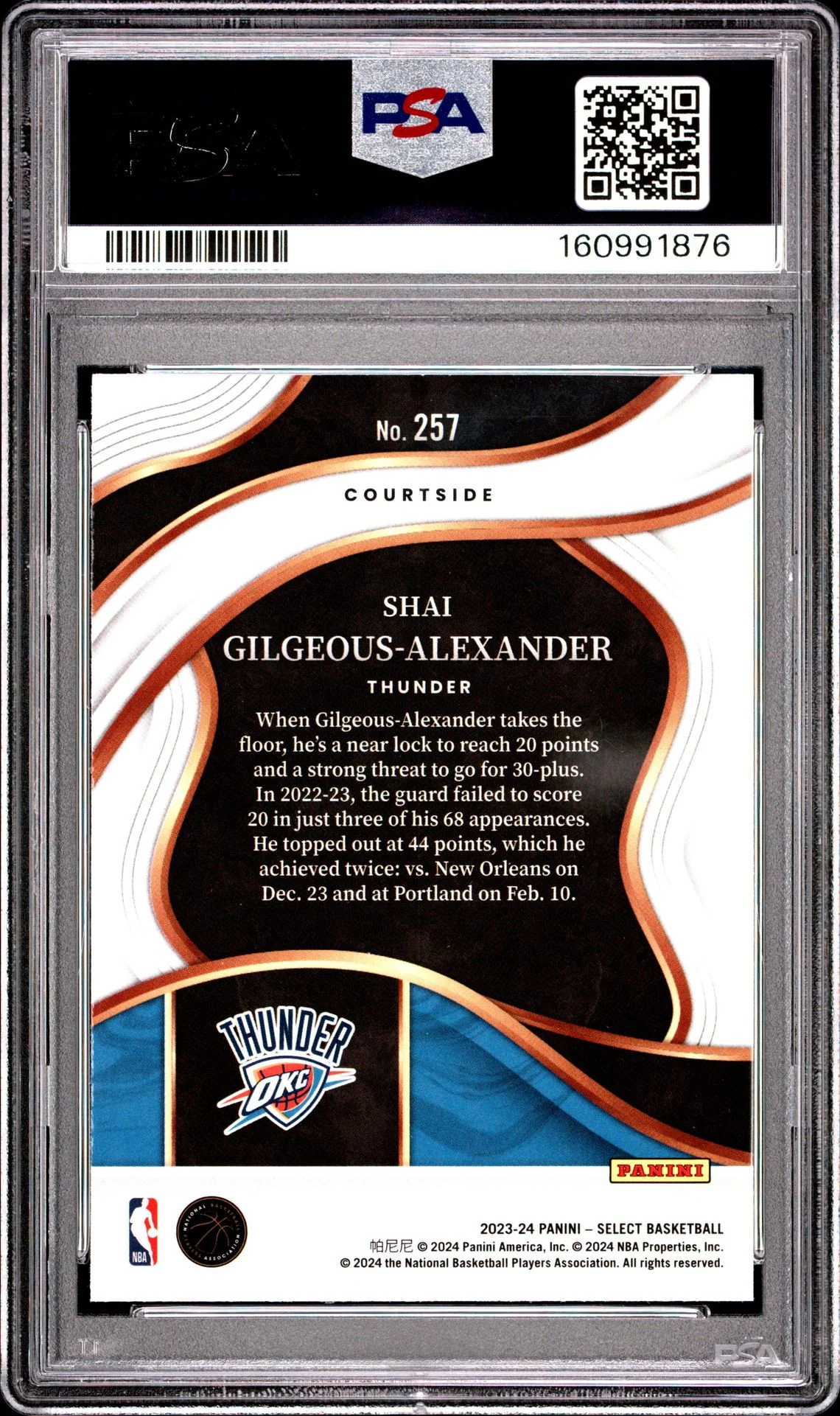 Shai Gilgeous-Alexander 2023 Select Blue Oklahoma City Thunder Basketball Card #257 Graded PSA 10 Cert #160991876 - Image 2