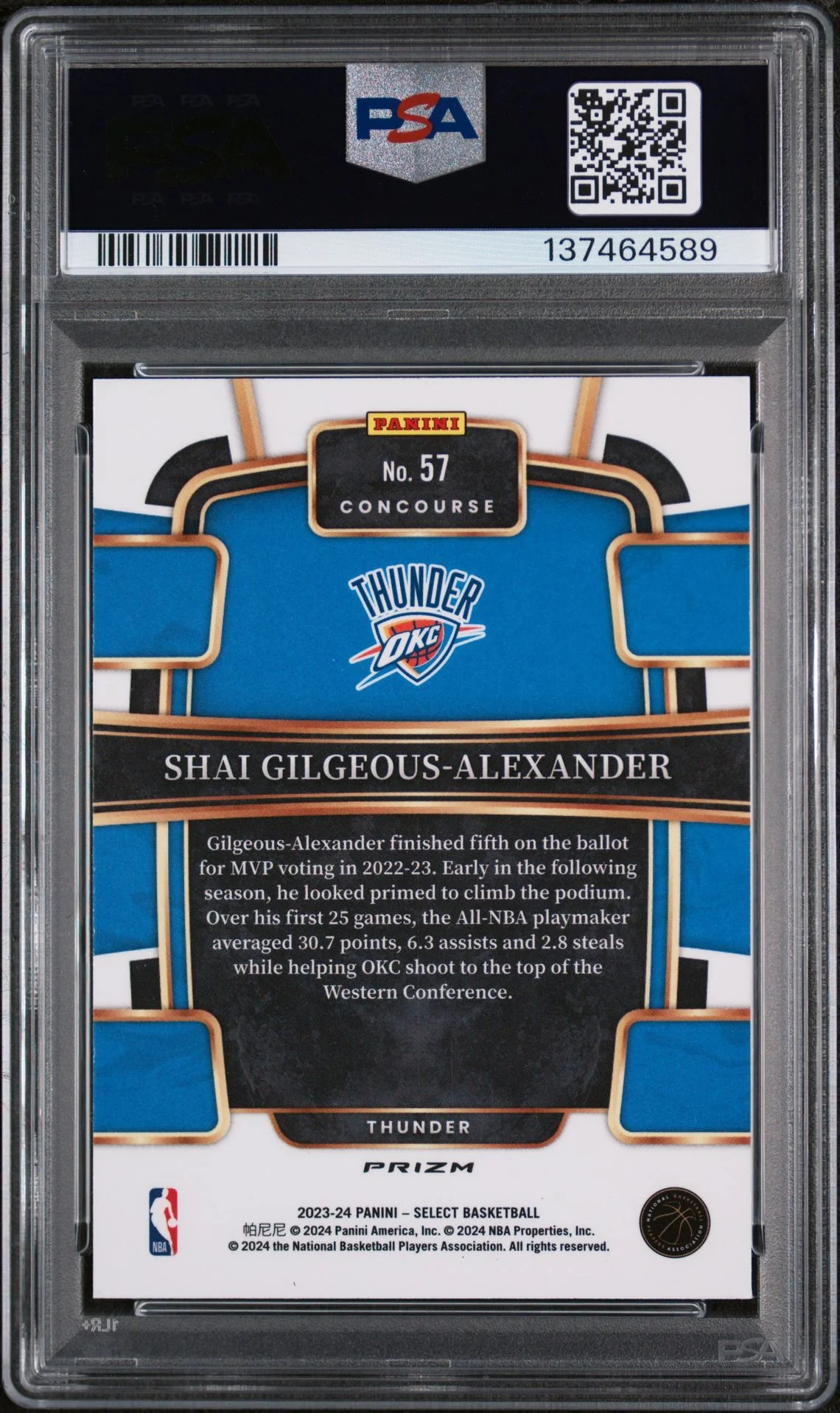 Shai Gilgeous Alexander 2023 Select Blue Prizm Basketball Card #57 Graded PSA 9 Cert #137464589 - Image 2