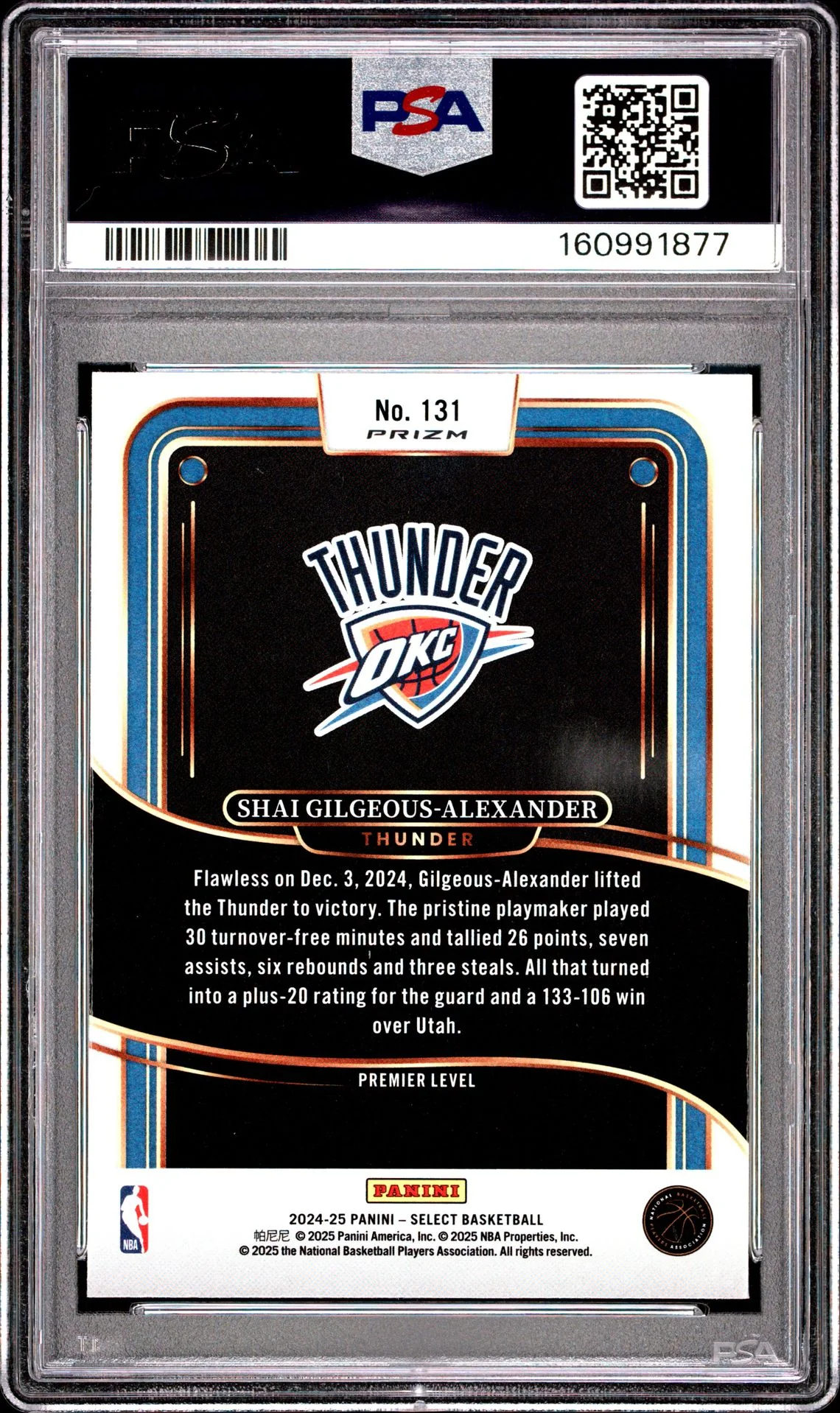 Shai Gilgeous-Alexander 2024 Select Blue Prizm Oklahoma City Thunder Basketball Card #131 Graded PSA 9 Cert #160991877 - Image 2