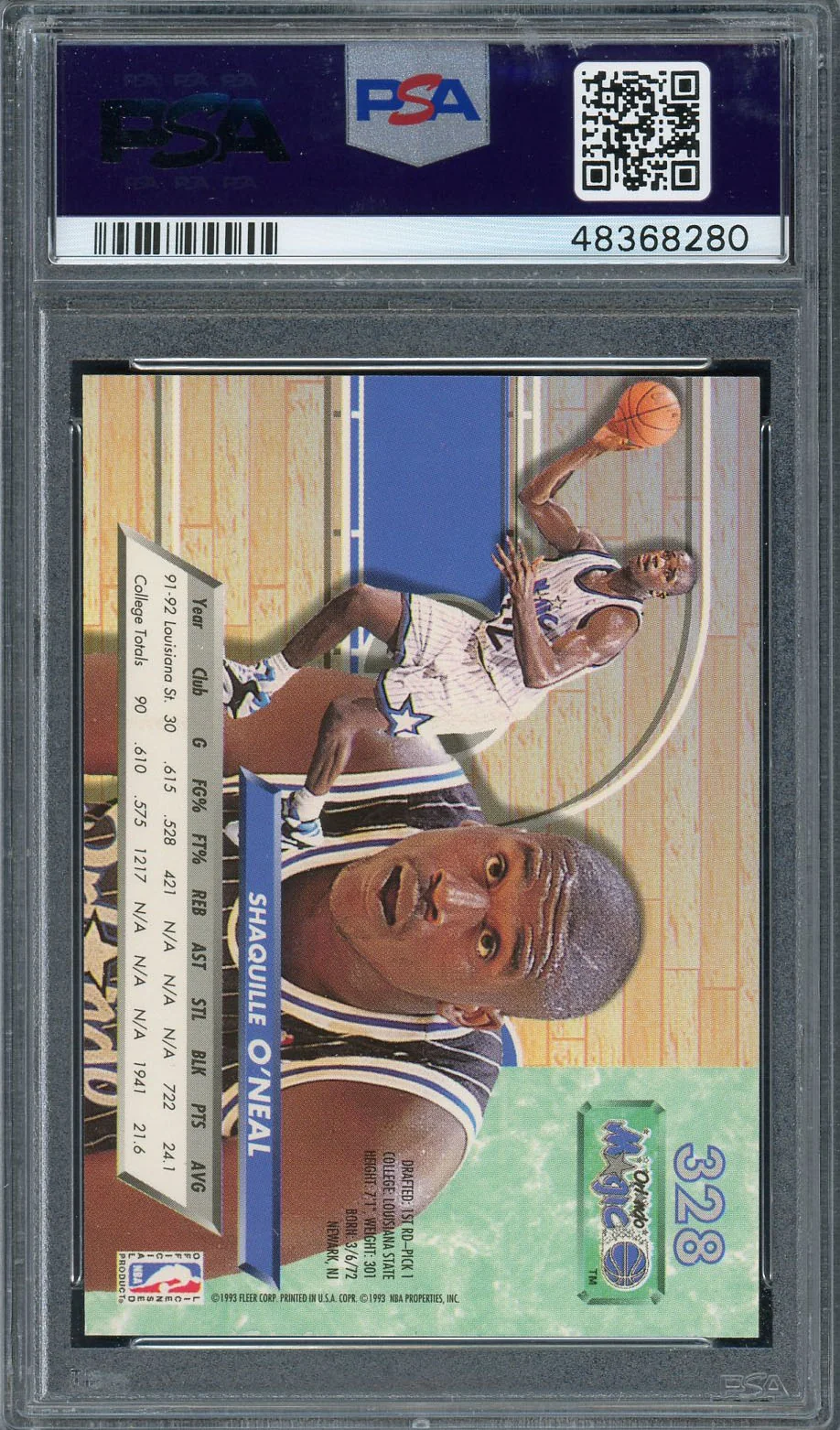 Shaquille O'Neal 1992 Fleer Ultra Basketball Rookie Card RC #328 Graded PSA 9 MINT - Image 2