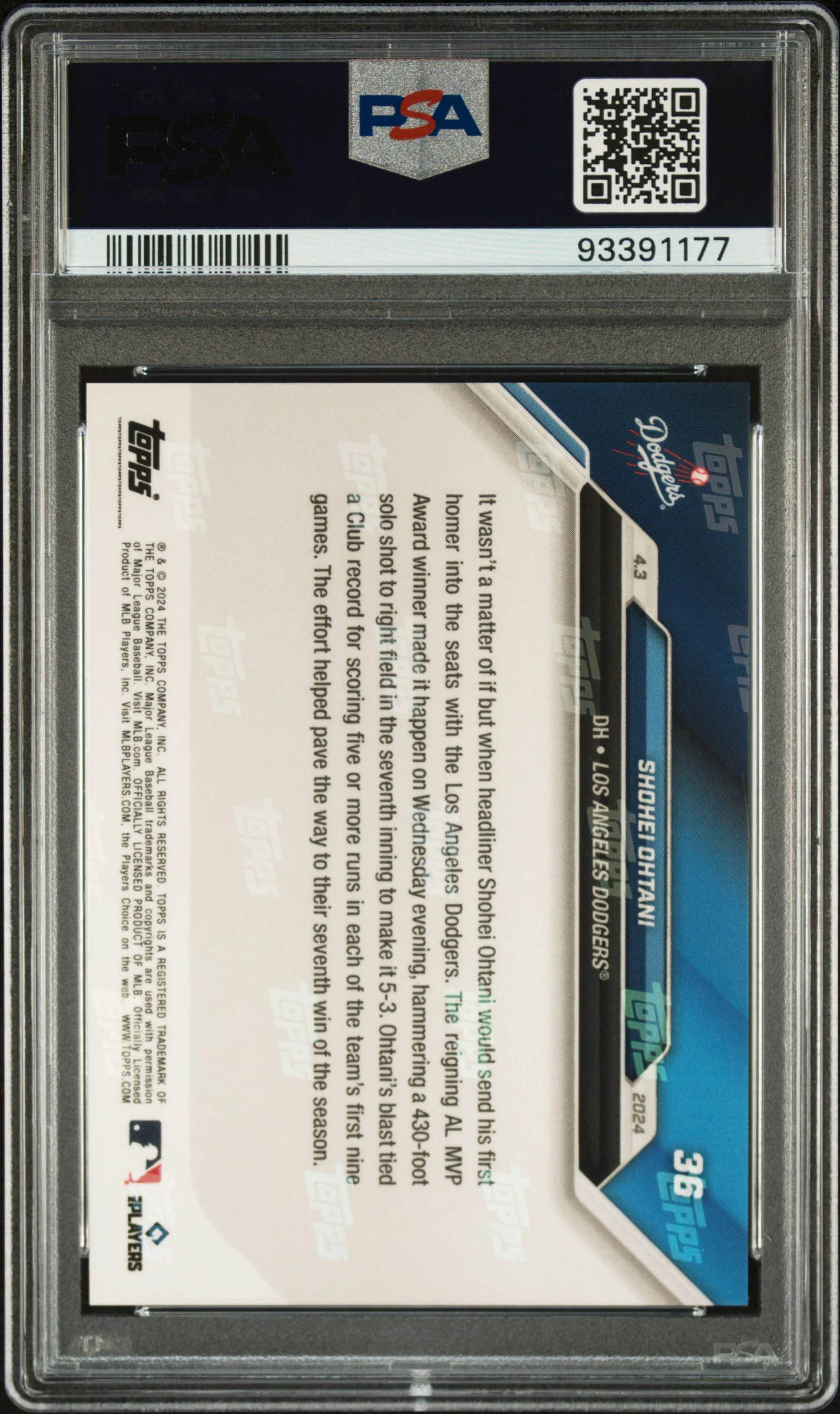 Shohei Ohtani 2024 Topps Now Los Angeles Dodgers 1st Home Run Baseball Card #36 Graded PSA 10 Cert #93391177 - Image 2
