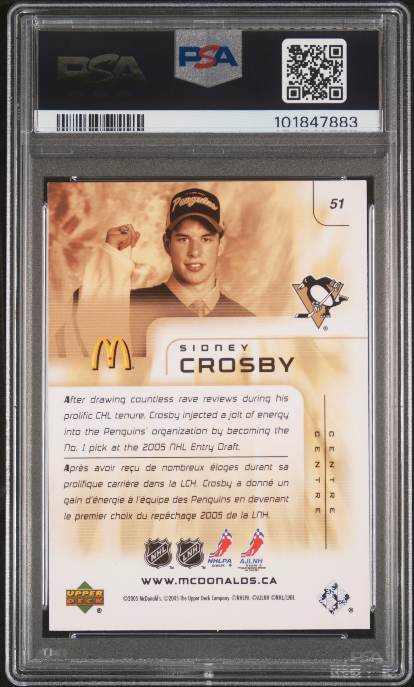 Sidney Crosby 2005 Upper Deck McDonalds Hockey Rookie Card #51 Graded PSA 8 Cert #101847883 - Image 2