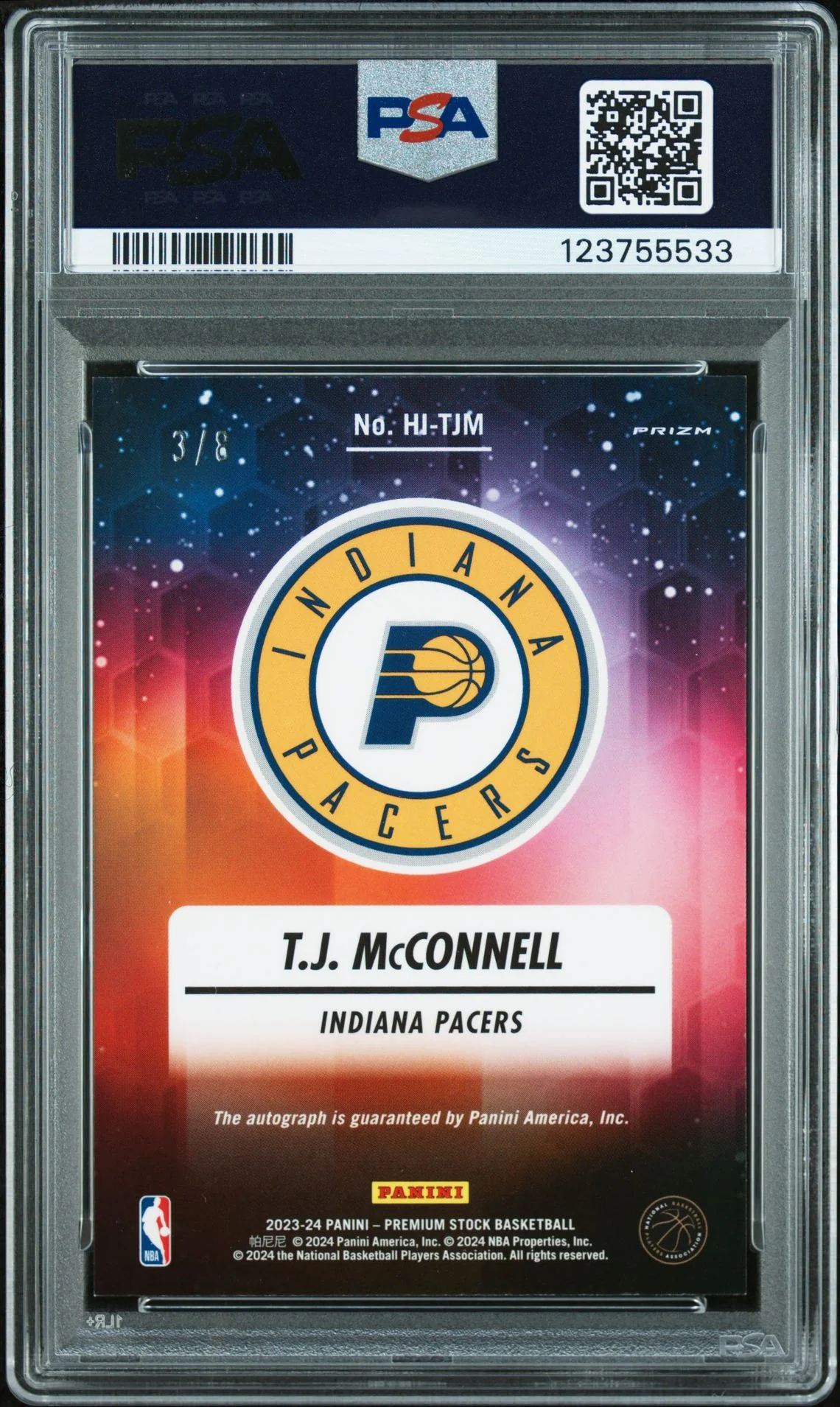 T.J. McConnell 2023 Hoops Premium Stock Ink Green Signed Basketball Card #HITJM Graded PSA 8 Auto 10 3/8 Cert # 123755533 - Image 2