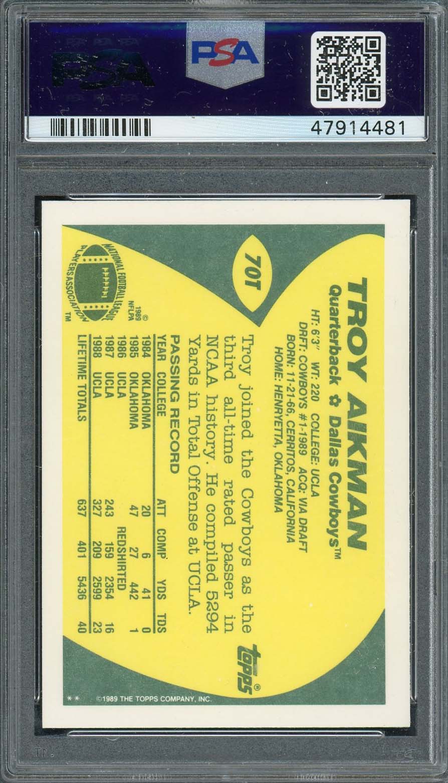 Troy Aikman 1989 Topps Traded Football Rookie Card RC #70T Graded PSA 10 - Image 2