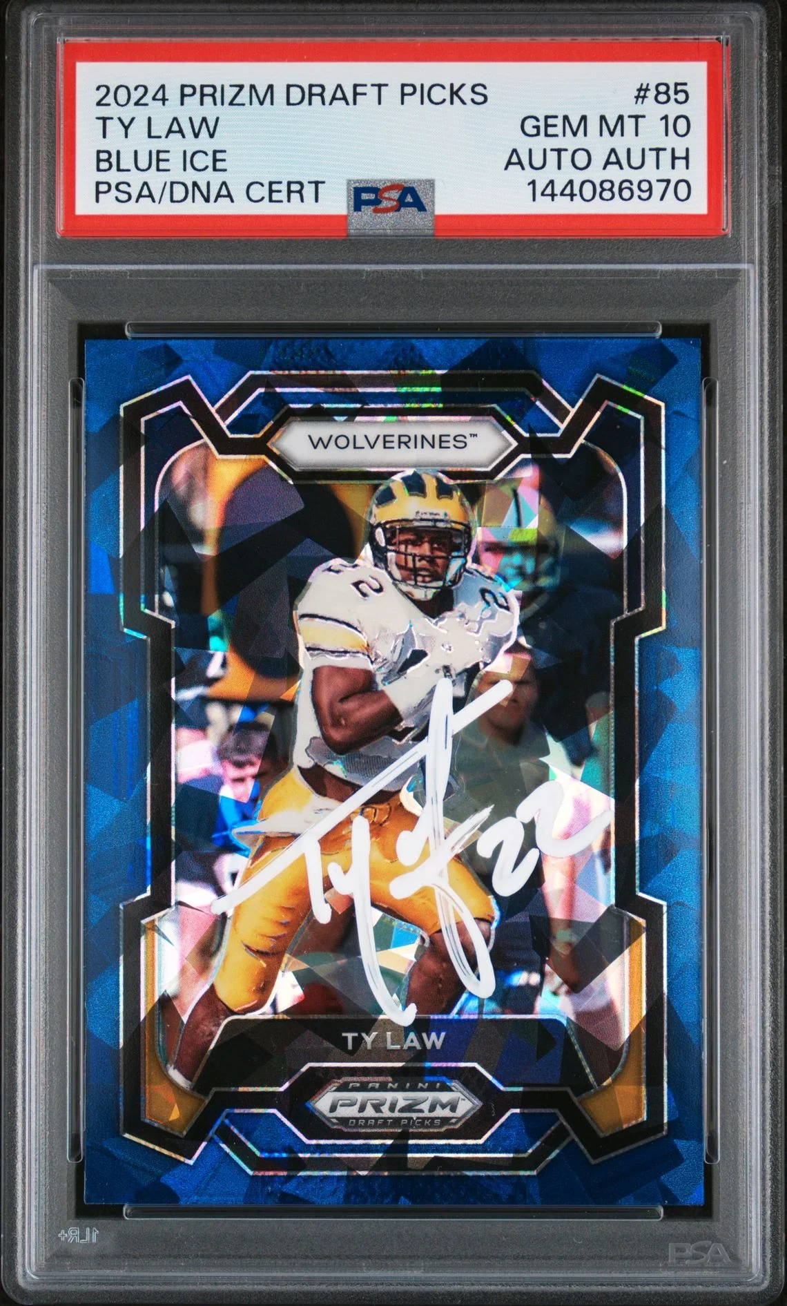 Ty Law 2024 Panini Prizm Draft Picks Michigan Wolverines Signed Football Card #85 Blue Ice Authentic Auto Graded PSA 10 Cert #144086970 8/99