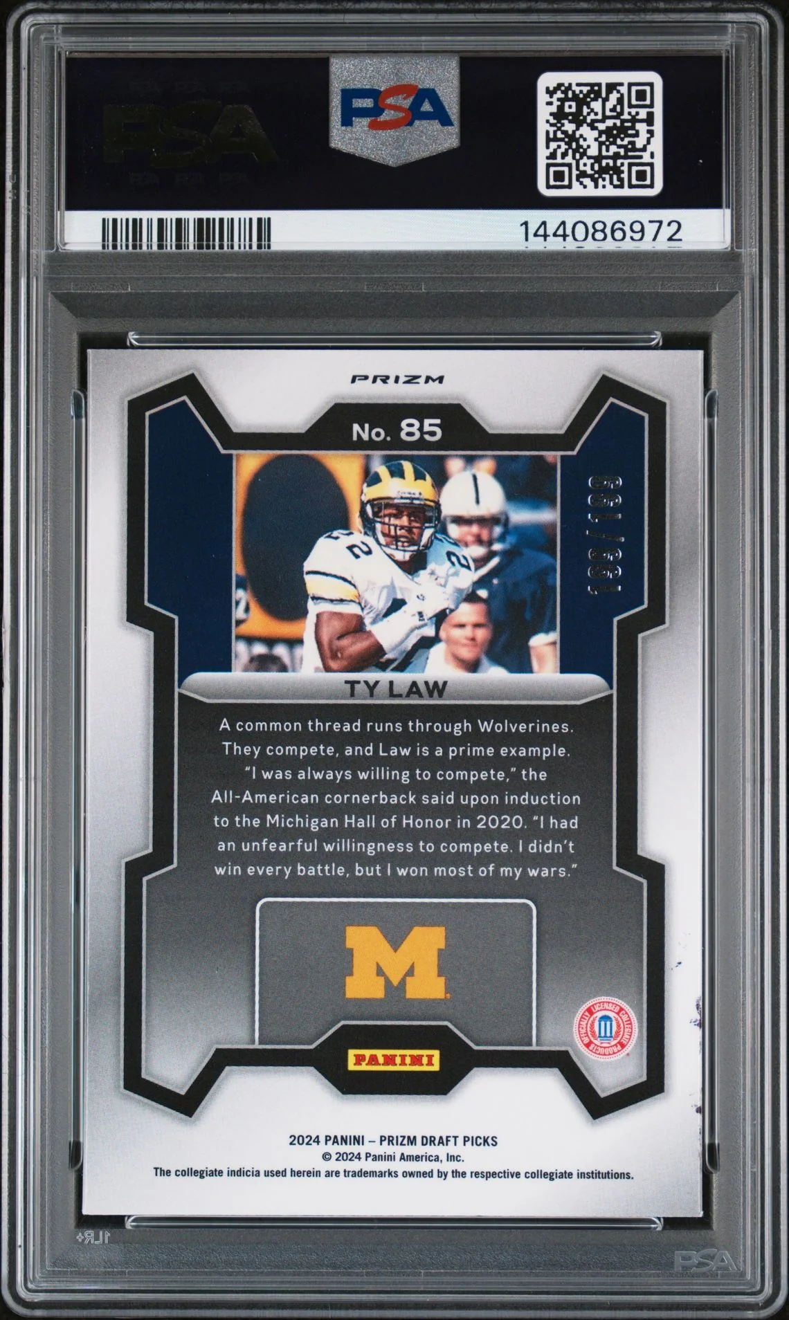 Ty Law 2024 Panini Prizm Draft Picks Michigan Wolverines Signed Football Card #85 Blue Prizm Authentic Auto Graded PSA 9 Cert #144086972 199/199 - Image 2