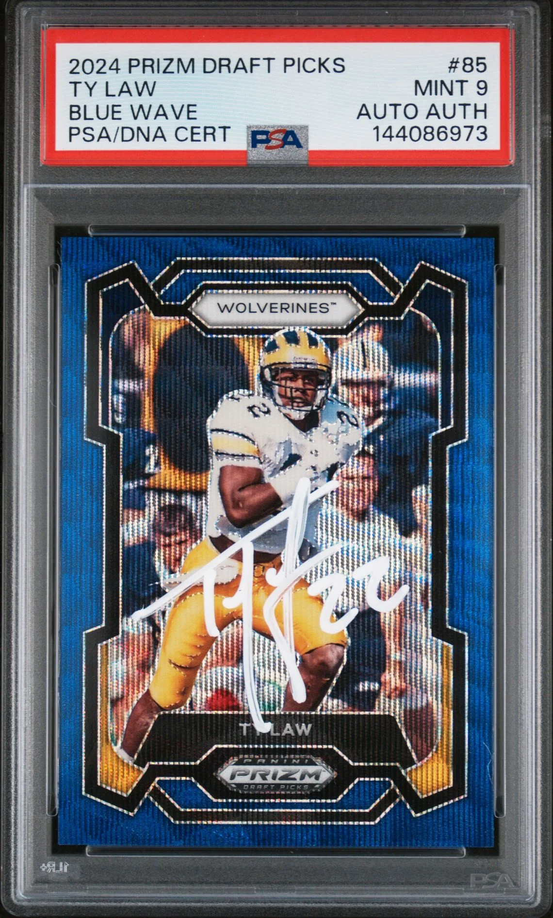 Ty Law 2024 Panini Prizm Draft Picks Michigan Wolverines Signed Football Card #85 Blue Wave Authentic Auto Graded PSA 9 Cert #144086973 244/249