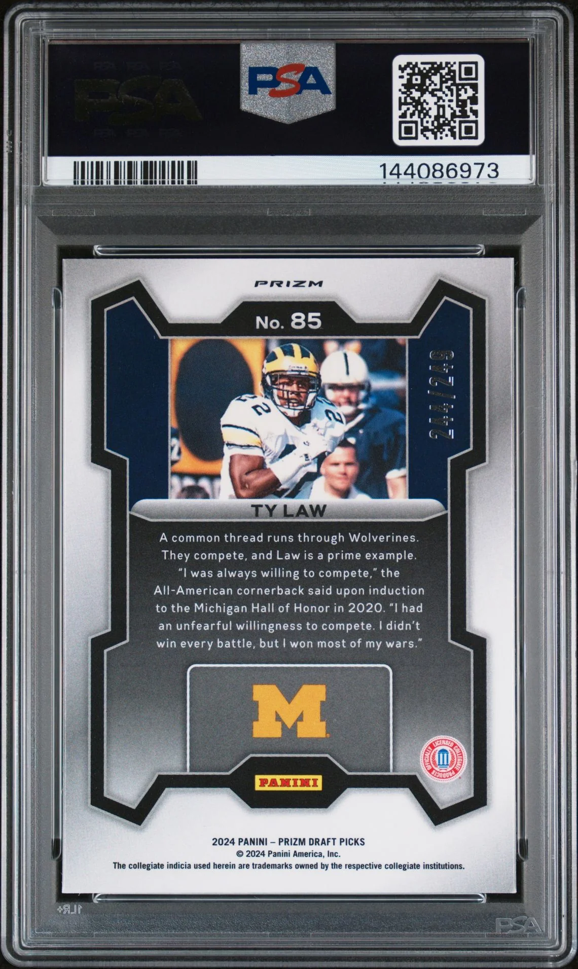 Ty Law 2024 Panini Prizm Draft Picks Michigan Wolverines Signed Football Card #85 Blue Wave Authentic Auto Graded PSA 9 Cert #144086973 244/249 - Image 2