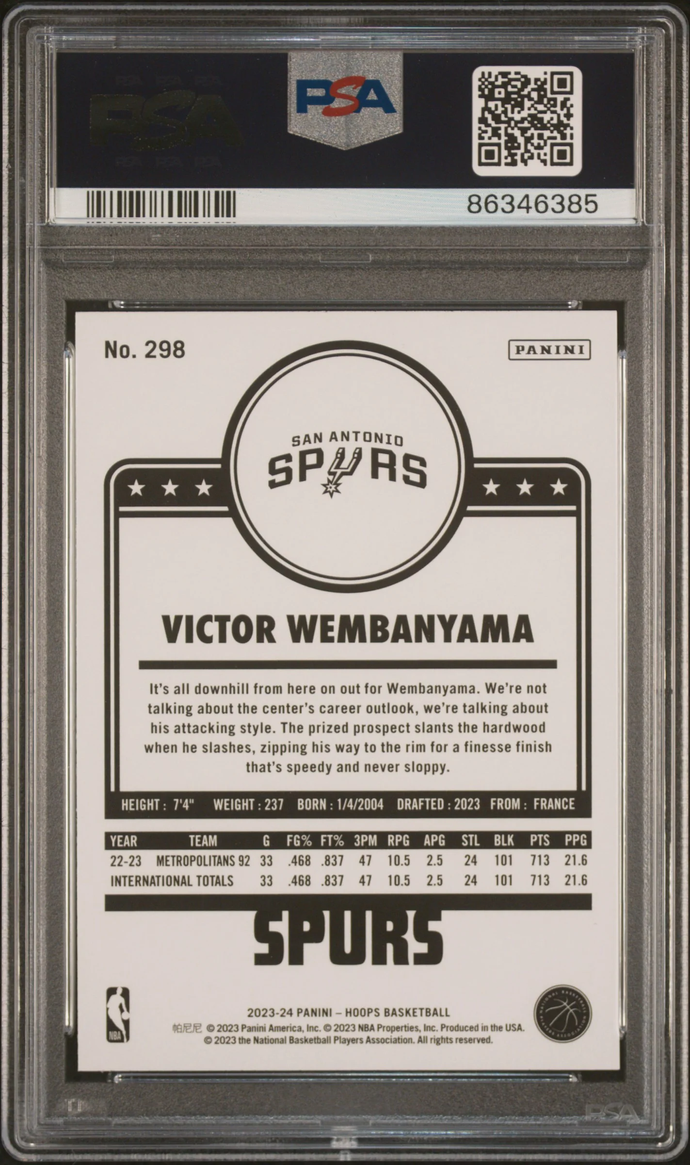 Victor Wembanyama 2023 Hoops Basketball Rookie Card #298 Graded PSA 10 - Image 2