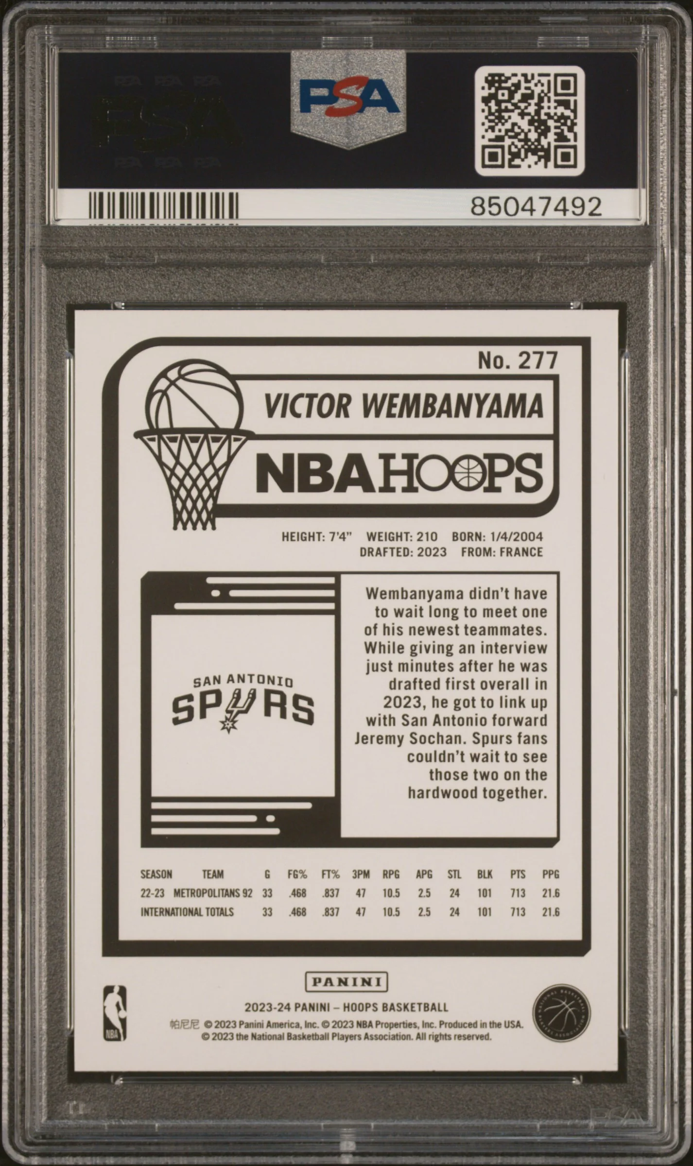Victor Wembanyama 2023 Panini Hoops Basketball Rookie Card #277 Graded PSA 10 - Image 2