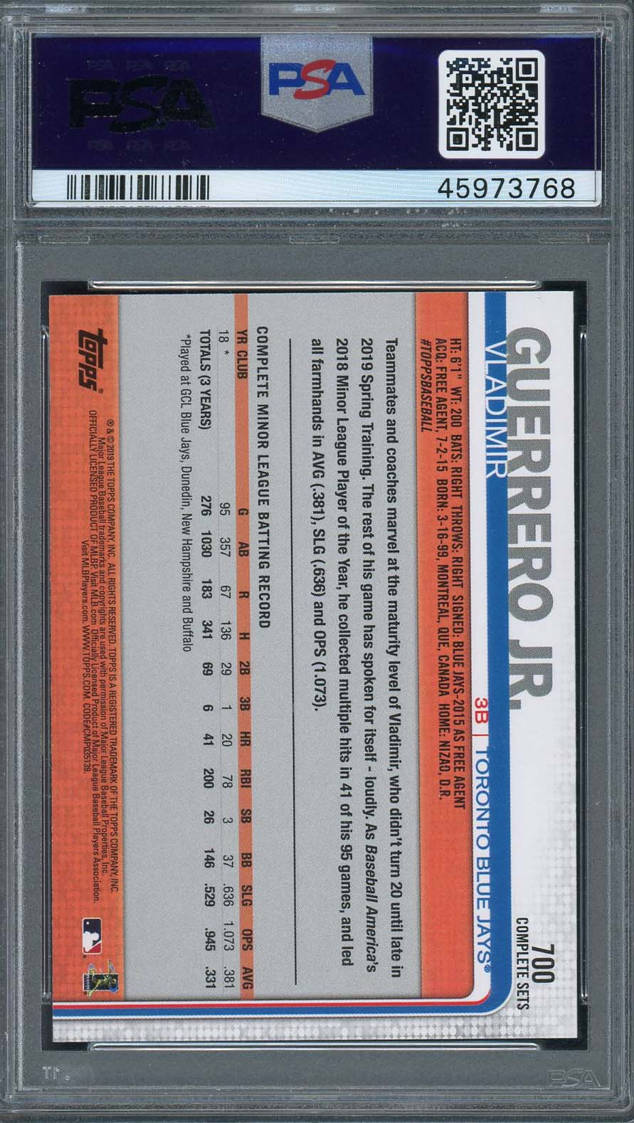 Vladimir Guerrero Jr 2019 Topps Complete Set Batting Rookie Card #700 PSA 10 - Image 2