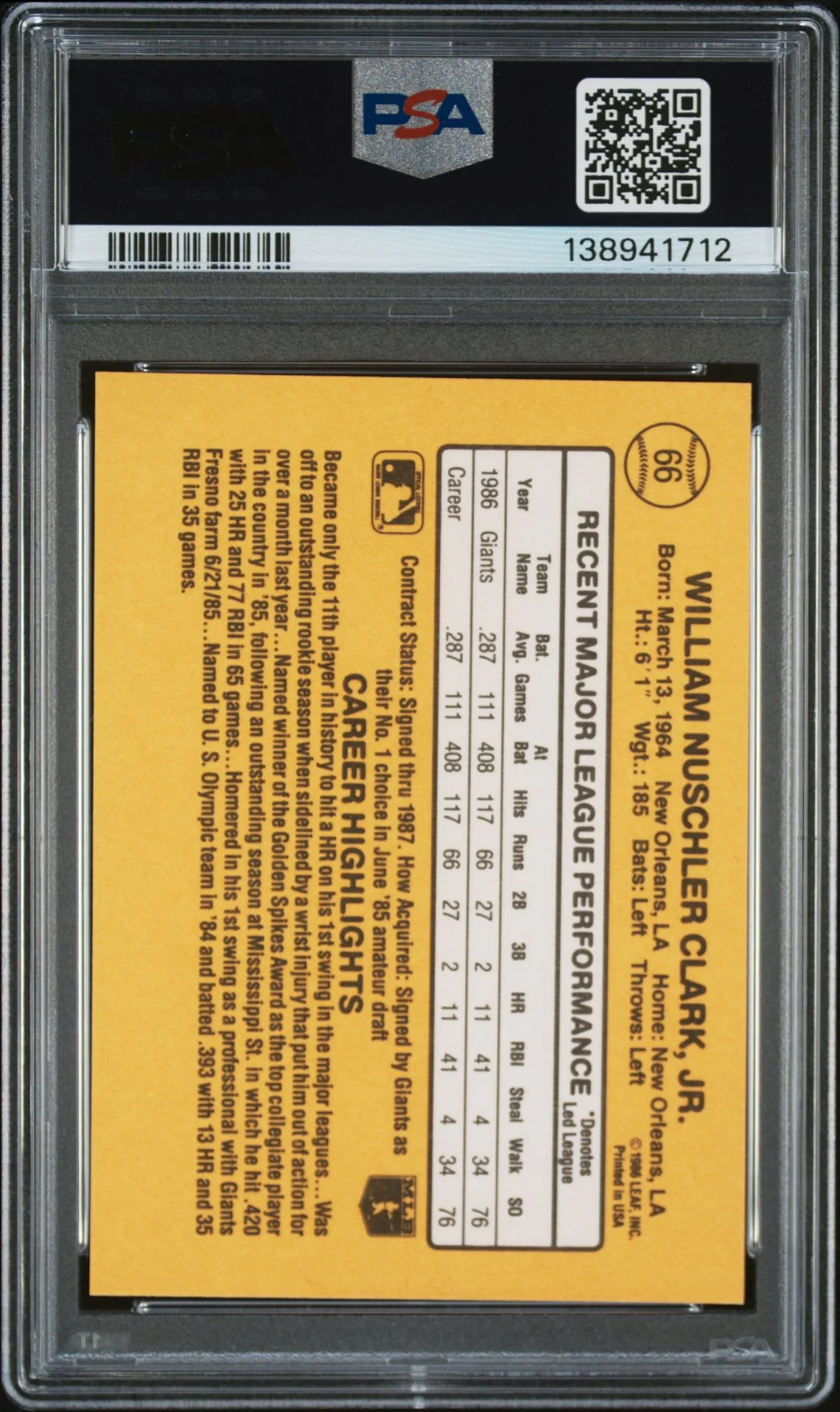 Will Clark 1987 Donruss San Francisco Giants Signed Baseball RC Rookie Card #66 PSA 6 Auto 10 Cert #138941712 - Image 2