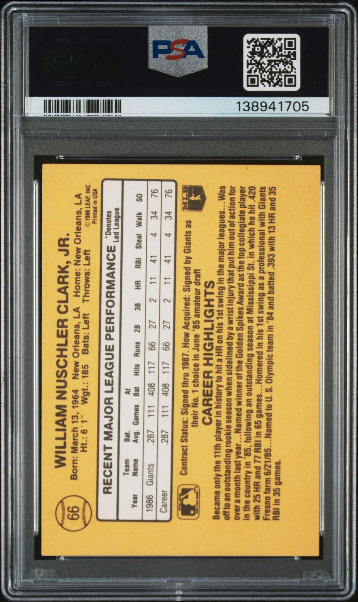 Will Clark 1987 Donruss San Francisco Giants Signed Baseball RC Rookie Card #66 PSA 7 Auto 10 Cert #138941705 - Image 2