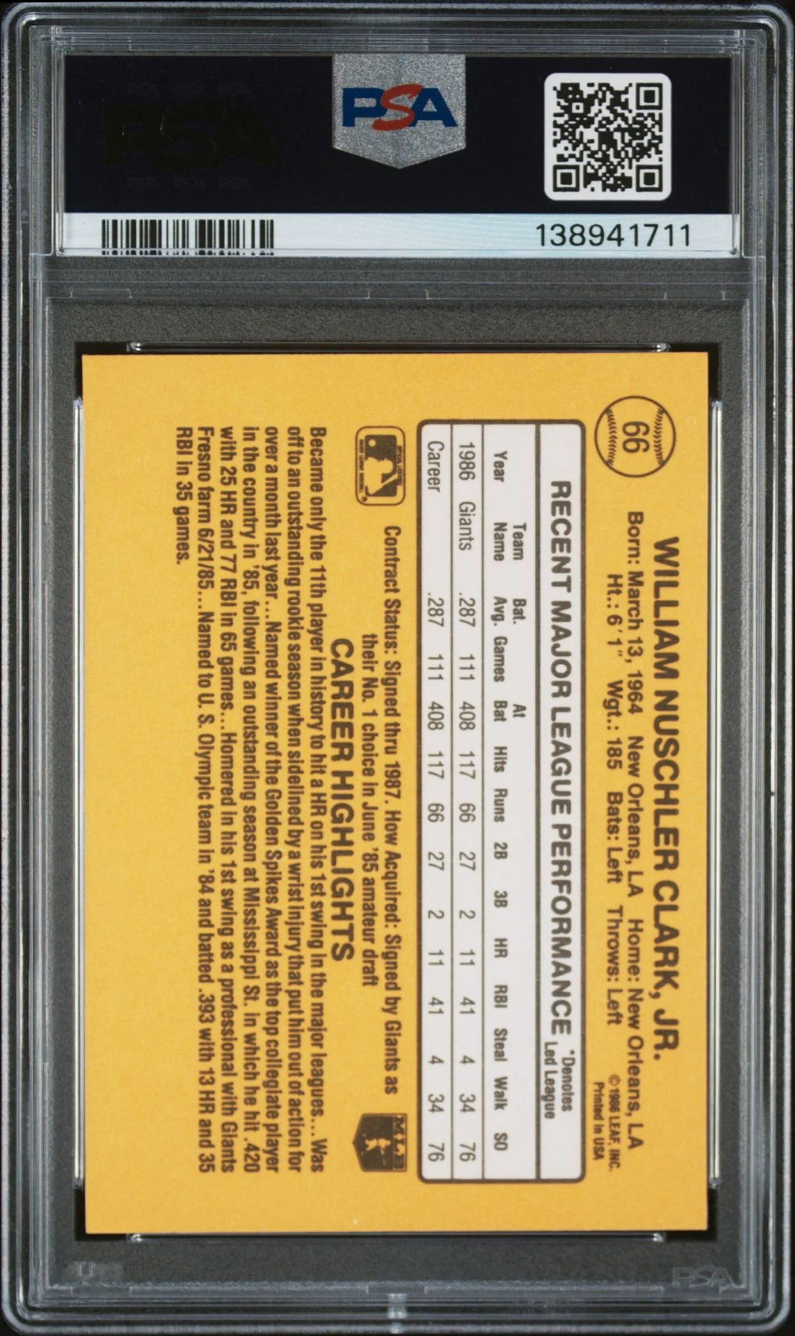 Will Clark 1987 Donruss San Francisco Giants Signed Baseball RC Rookie Card #66 PSA 7 Auto 10 Cert #138941711 - Image 2
