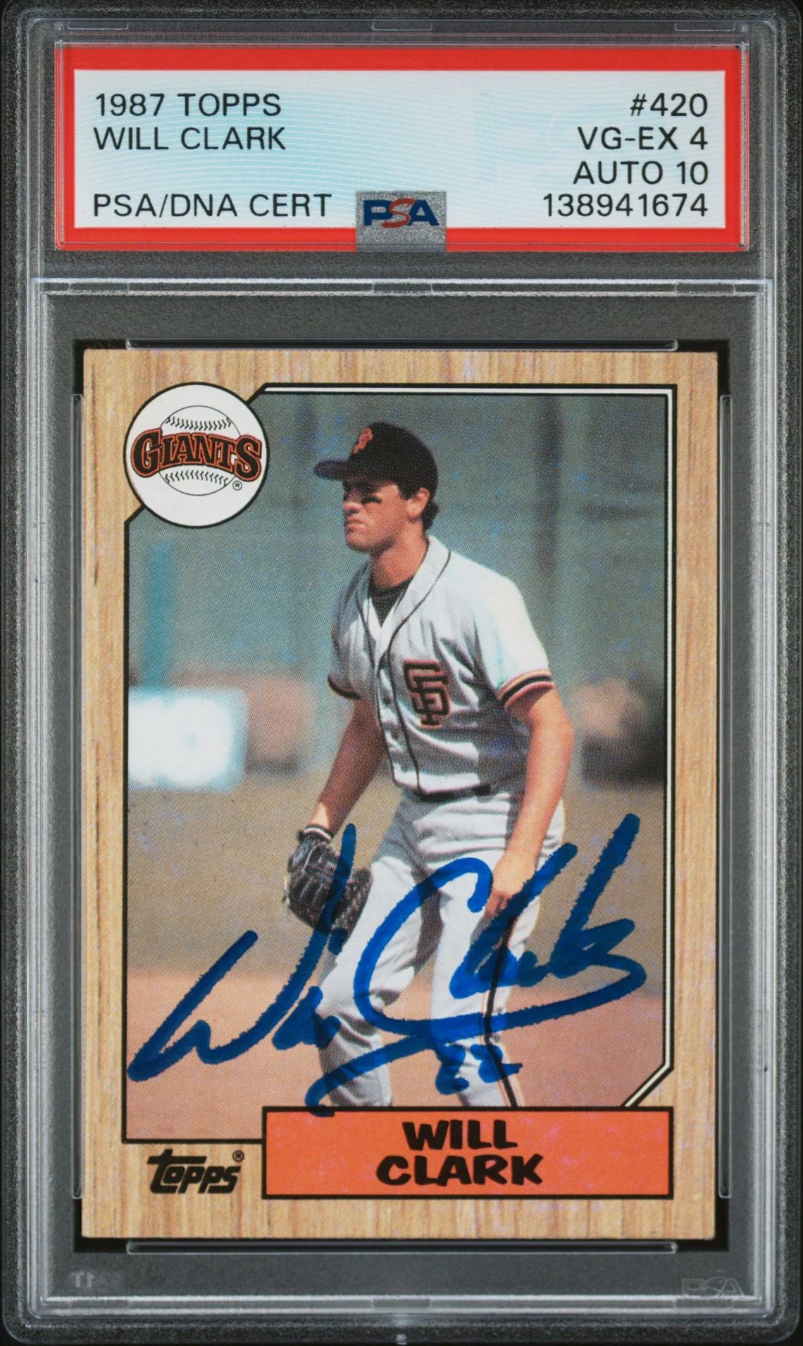 Will Clark 1987 Topps San Francisco Giants Signed Baseball RC Rookie Card #420 PSA 4 Auto 10 Cert #138941674