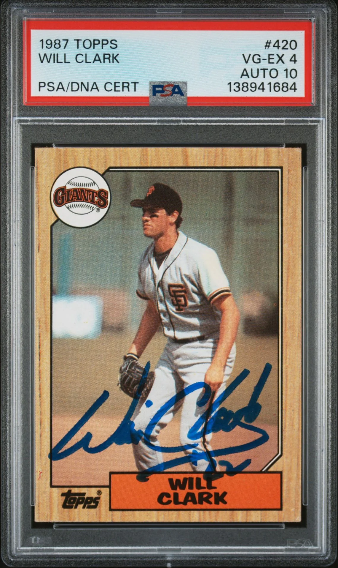 Will Clark 1987 Topps San Francisco Giants Signed Baseball RC Rookie Card #420 PSA 4 Auto 10 Cert #138941684