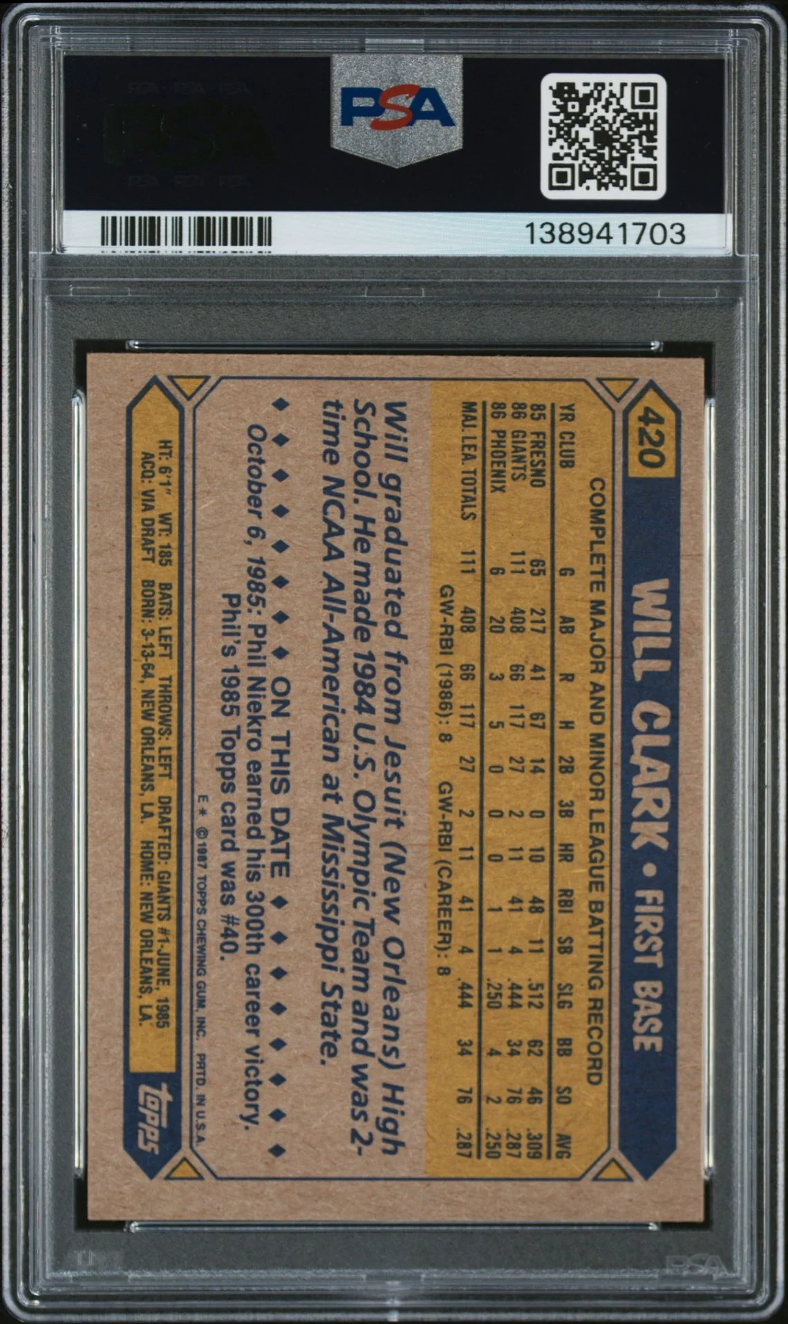 Will Clark 1987 Topps San Francisco Giants Signed Baseball RC Rookie Card #420 PSA 8 Auto 10 Cert #138941703 - Image 2