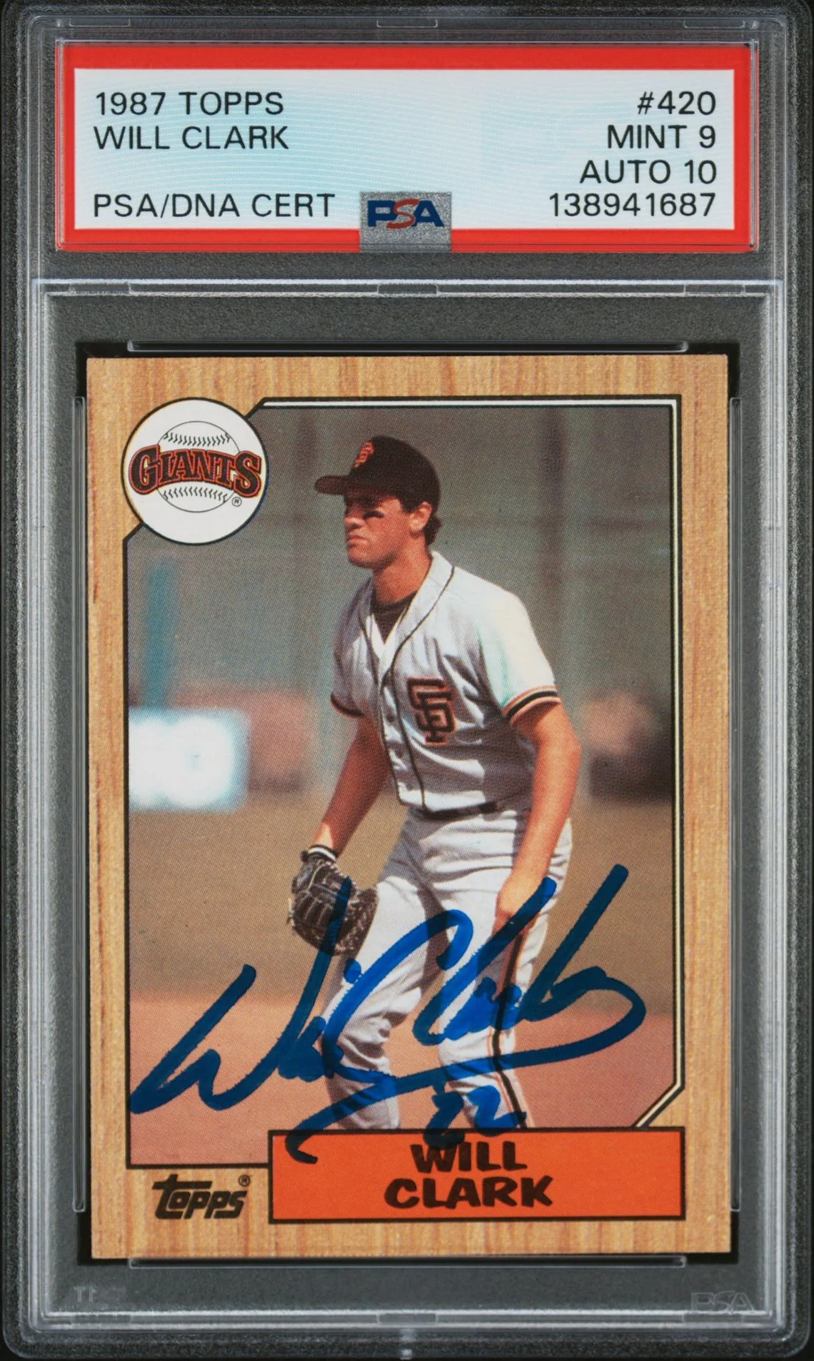 Will Clark 1987 Topps San Francisco Giants Signed Baseball RC Rookie Card #420 PSA 9 Auto 10 Cert #138941687