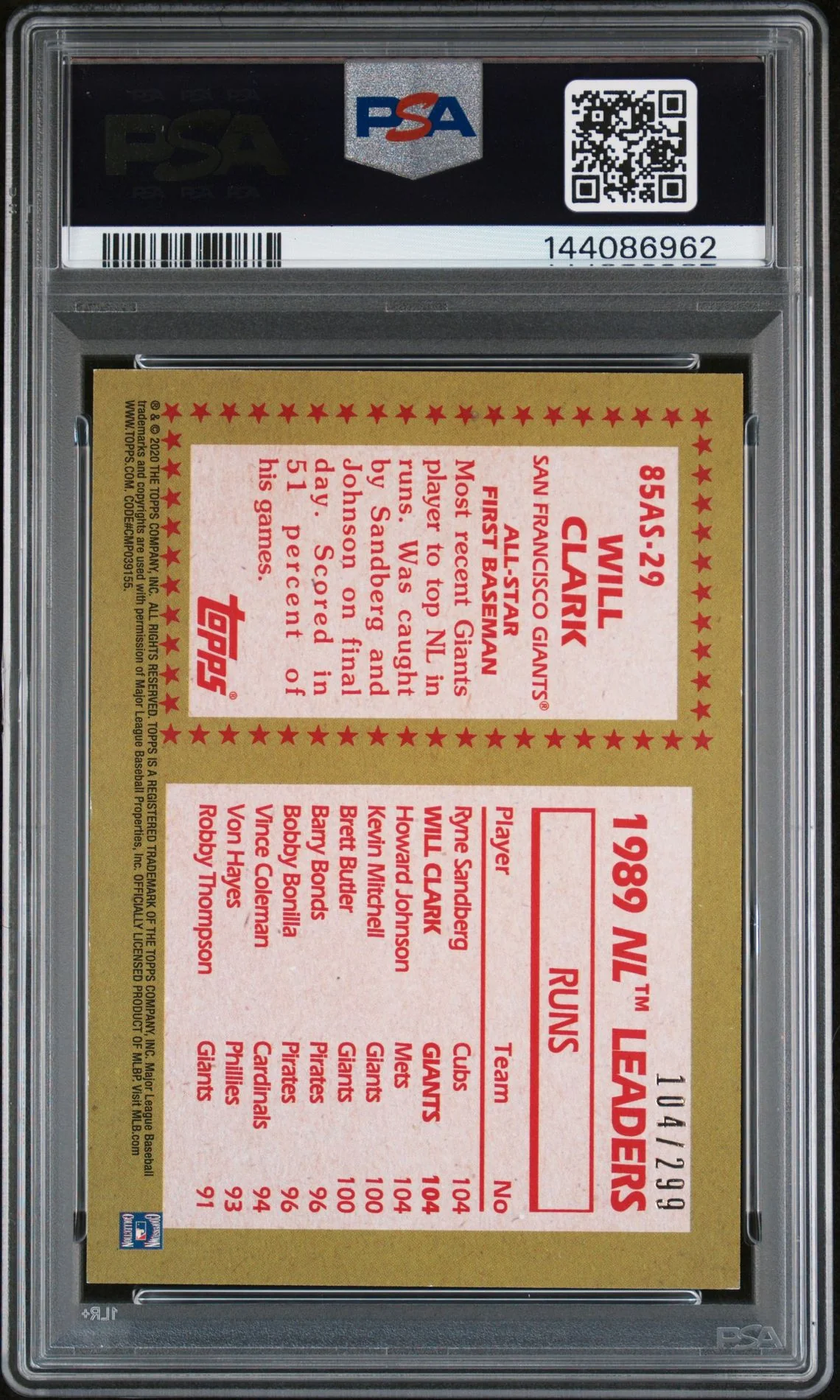 Will Clark 2020 Topps All Star Black San Francisco Giants Signed Baseball Card #85AS29 Authentic Auto Graded PSA 6 Cert #144086962 104/299 - Image 2