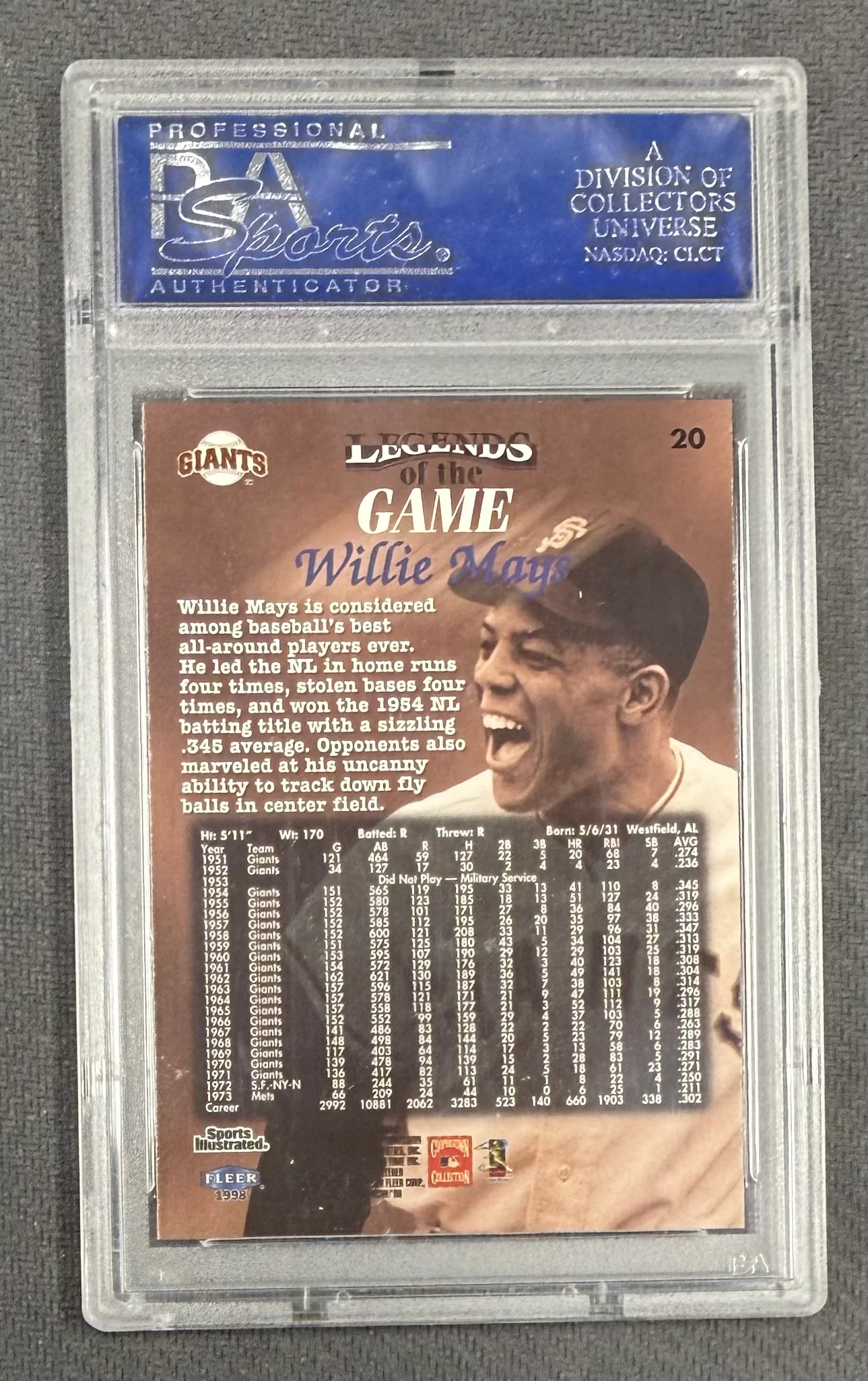 Willie Mays 1998 SI Then & Now Legends of the Game Baseball Card #20 Graded PSA 10 Cert #04500365 - Image 2