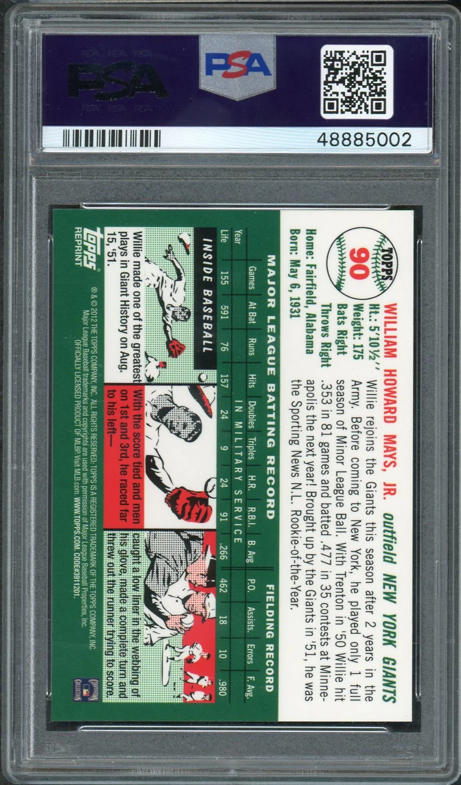 Willie Mays 2012 Topps Factory Set 1954 Gold Refractor Baseball Card #90 Graded PSA 10 GEM MINT - Image 2