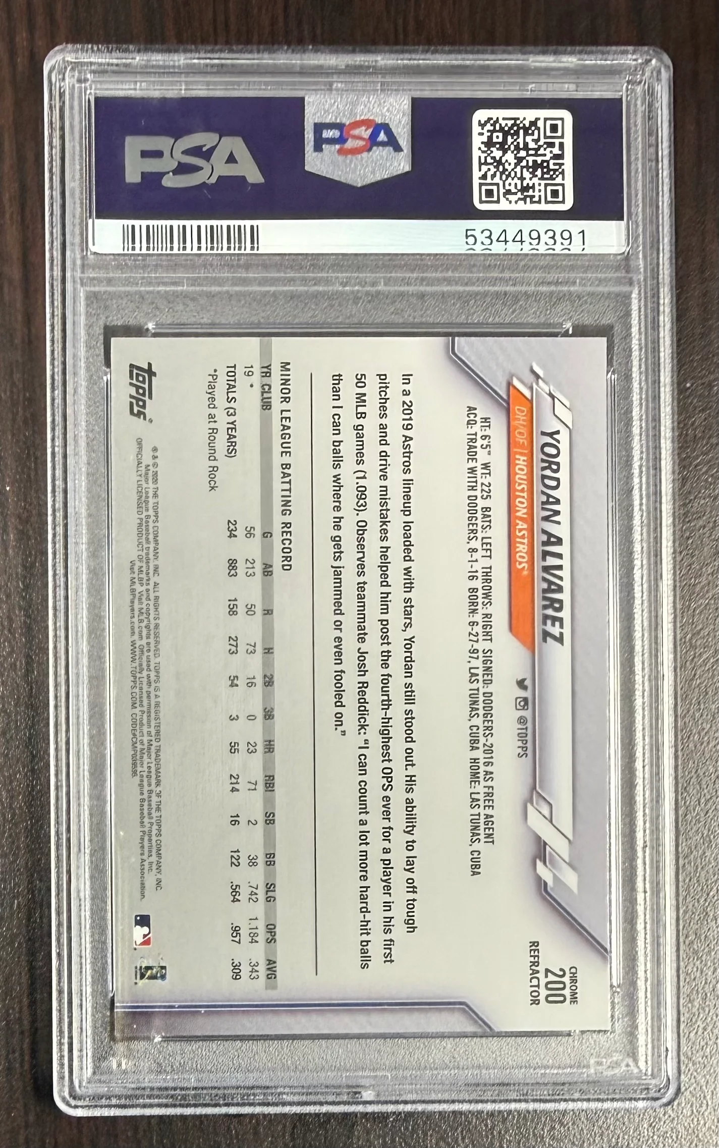 Yordan Alvarez 2020 Topps Chrome Pink Refractor Houston Astros Baseball RC Rookie Card #200 Graded PSA 10 Cert #53449391 - Image 2